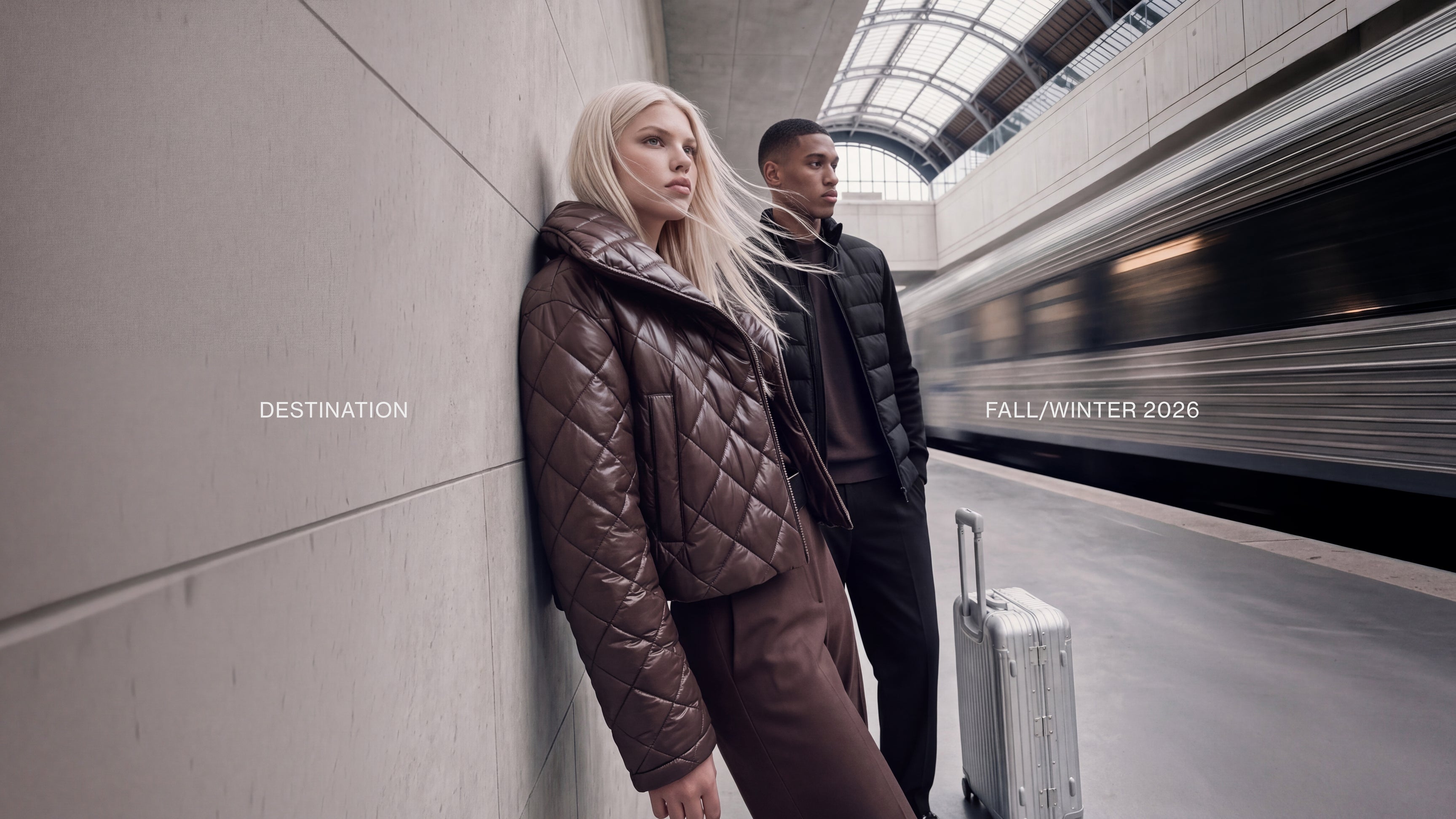 A blonde woman in a brown quilted puffer jacket leans against a concrete wall at a train station platform, with a man in a black puffer jacket standing behind her. A silver suitcase sits beside them, and a train is blurred in motion on the platform.