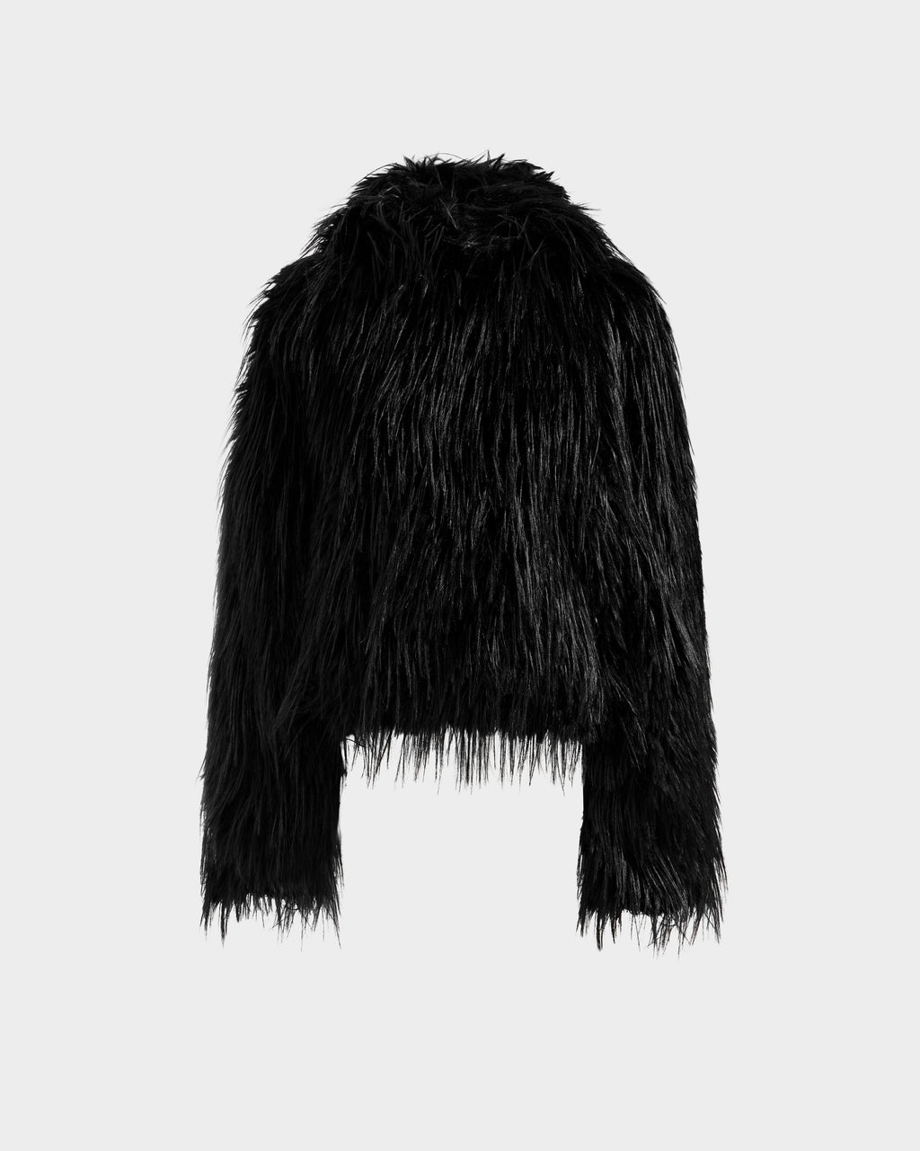 The Rudsak ELLISON - 8525678 Black is a black plush faux fur hoodie with long sleeves, a cropped hem, and an oversized hood—perfect for après-ski style. Shown on a plain light gray background.