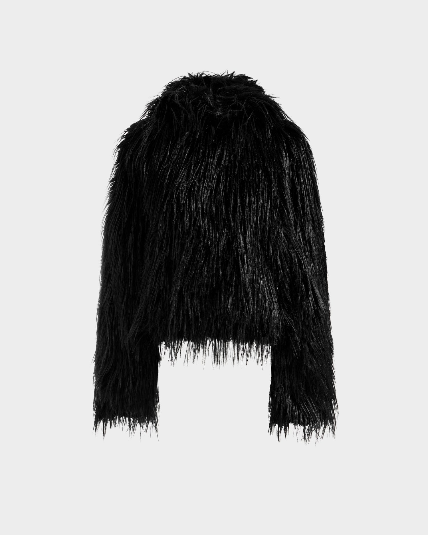 The Rudsak ELLISON - 8525678 Black is a black plush faux fur hoodie with long sleeves, a cropped hem, and an oversized hood—perfect for après-ski style. Shown on a plain light gray background.