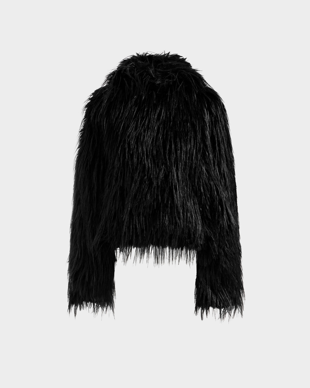 The Rudsak ELLISON - 8525678 Black is a black plush faux fur hoodie with long sleeves, a cropped hem, and an oversized hood—perfect for après-ski style. Shown on a plain light gray background.
