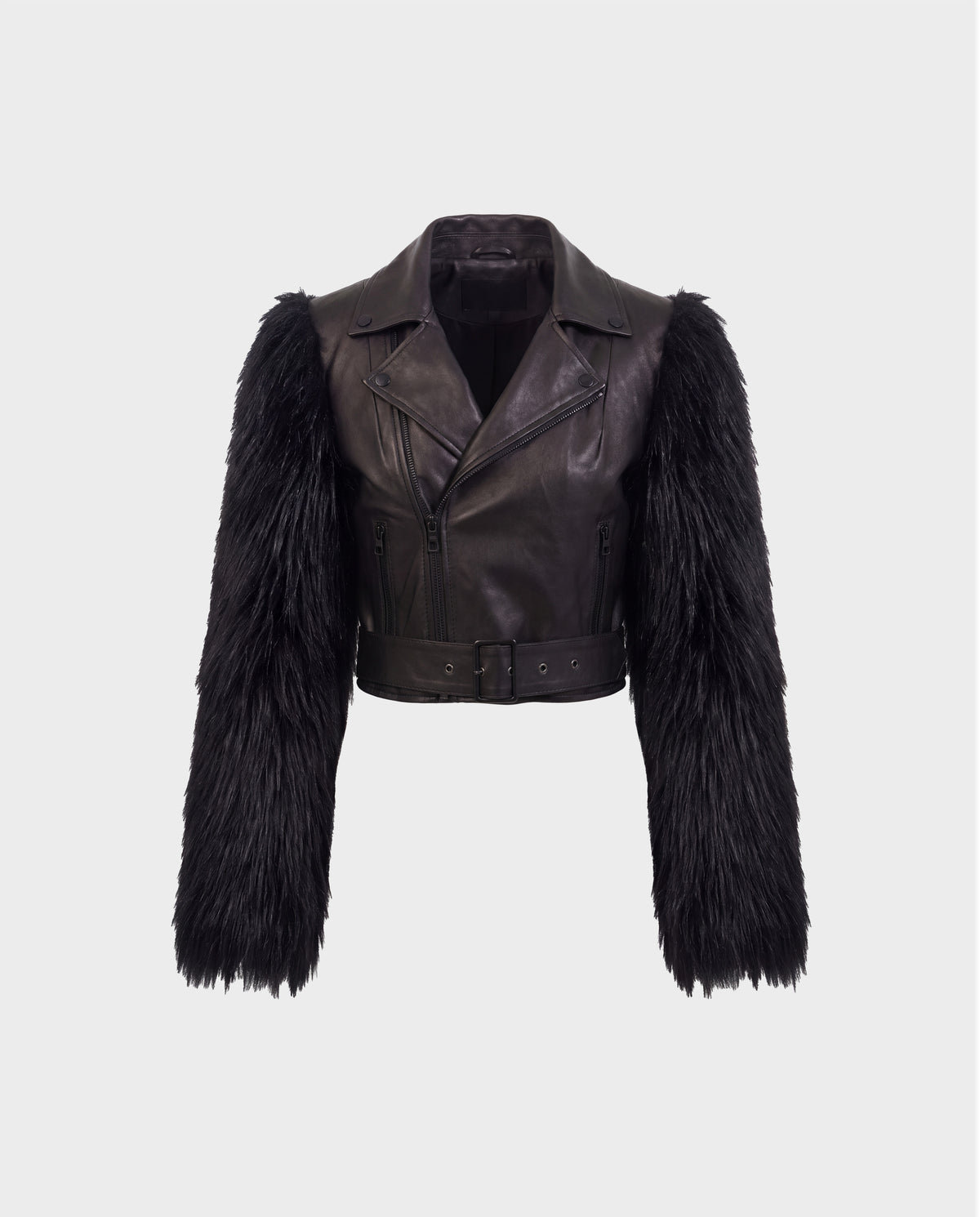 The EMELDA - 8126991 Black moto jacket by Rudsak features black leather, long shaggy faux fur sleeves, and a belted waist, displayed on a plain light grey background.