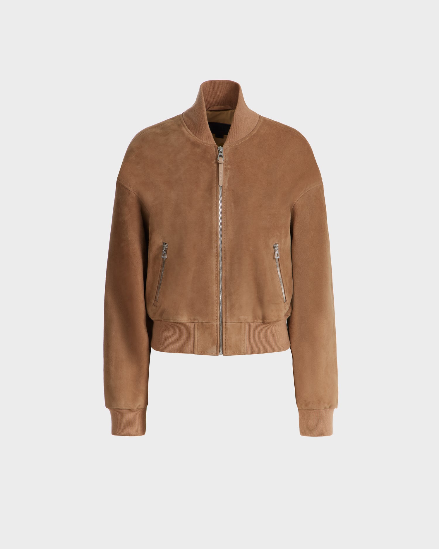 The Rudsak EMERSON SU - 8125045 Almond is a brown suede bomber jacket with a cropped silhouette, front zipper, ribbed cuffs and hem, and two zippered side pockets, shown against a plain white background.