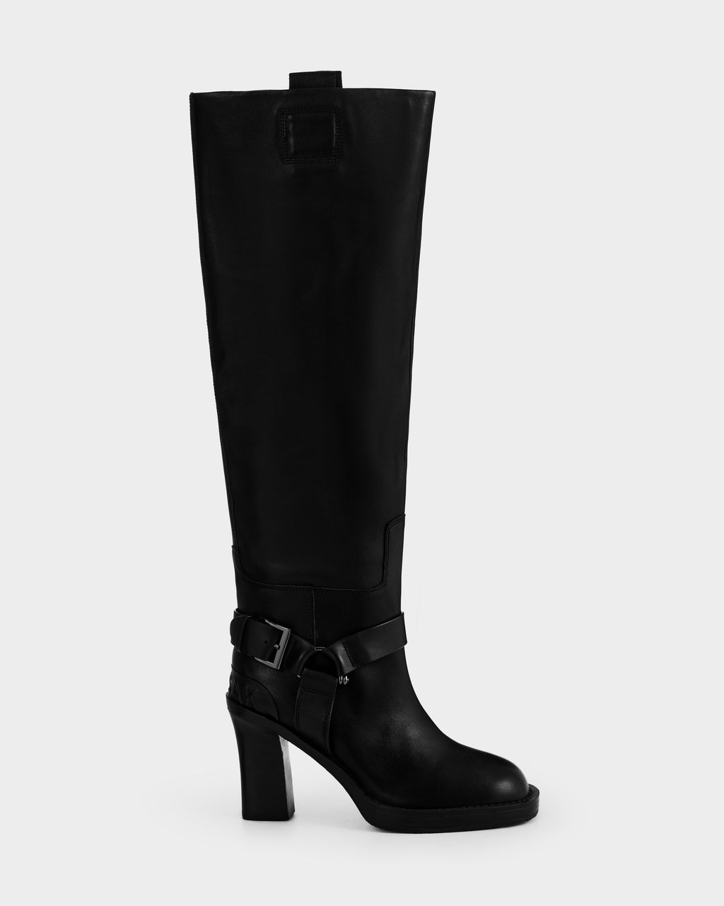 The ROSSEY - 8225574 Black by Rudsak is a single black knee-high leather boot featuring a high block heel and an ankle strap with buckle detail, displayed on a plain white background.