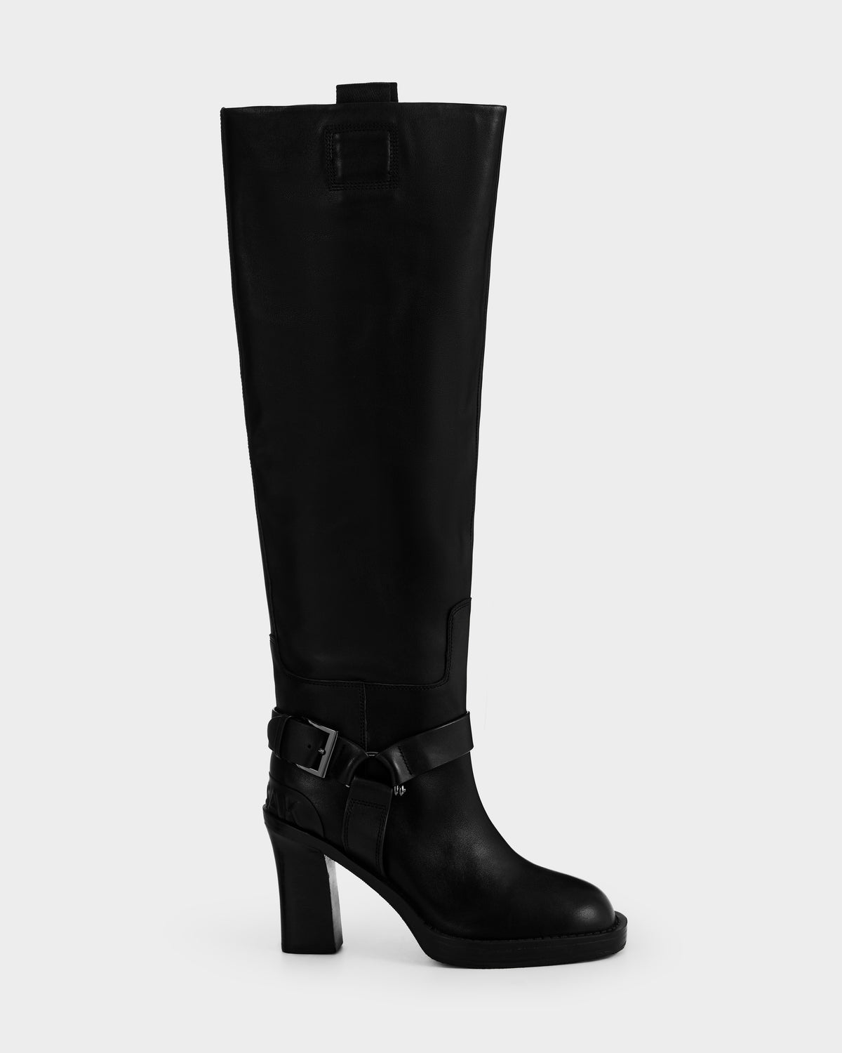 The ROSSEY - 8225574 Black by Rudsak is a single black knee-high leather boot featuring a high block heel and an ankle strap with buckle detail, displayed on a plain white background.