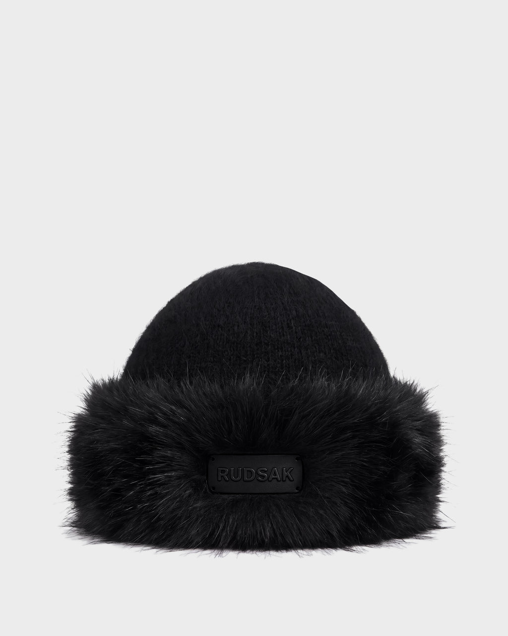 Black knit LORETTA W - 8426510 Black beanie with a thick faux fur brim and a branded rectangular patch.