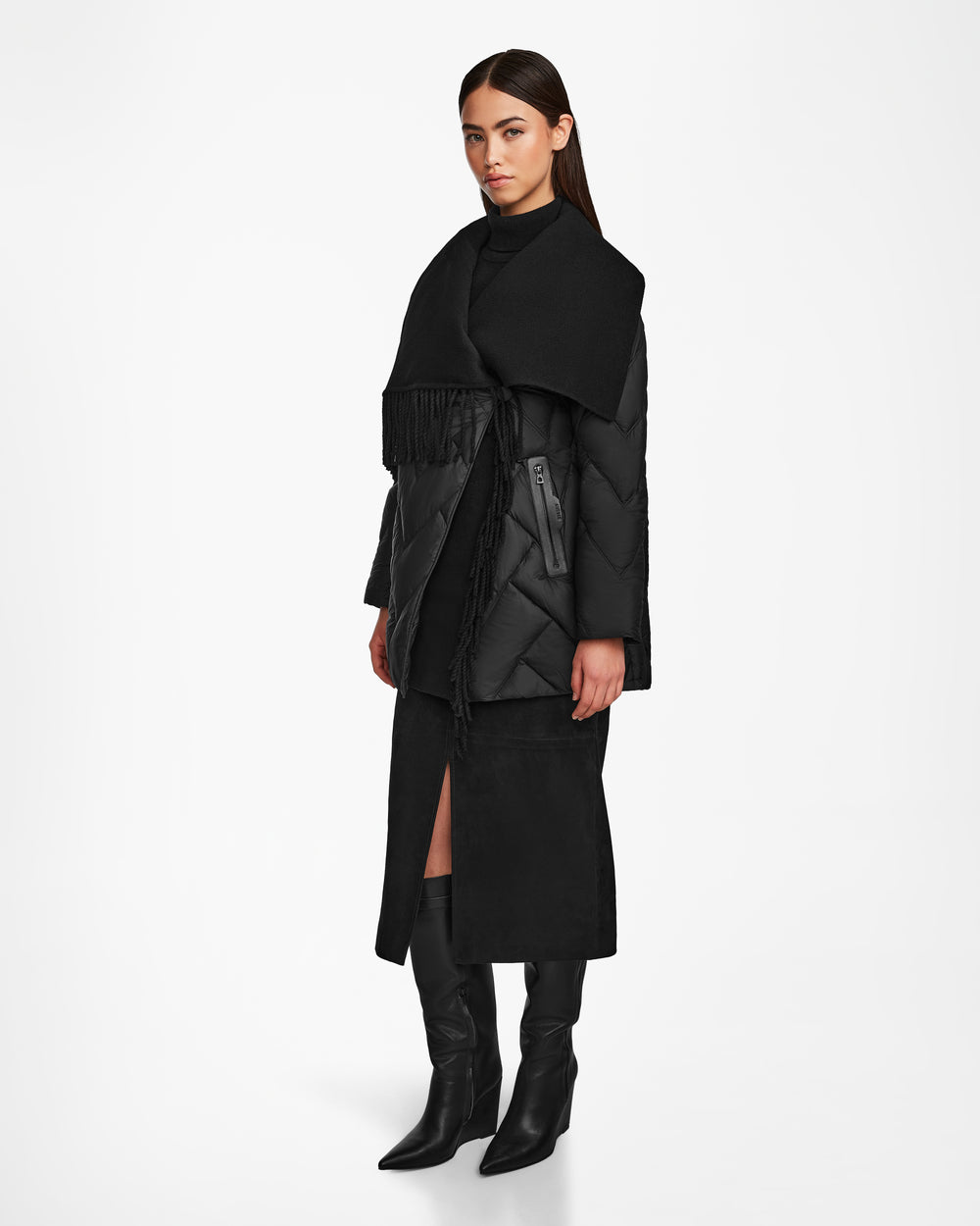ANNE MARIE Black Women's Quilted Down & Wool Fringe Jacket – Rudsak