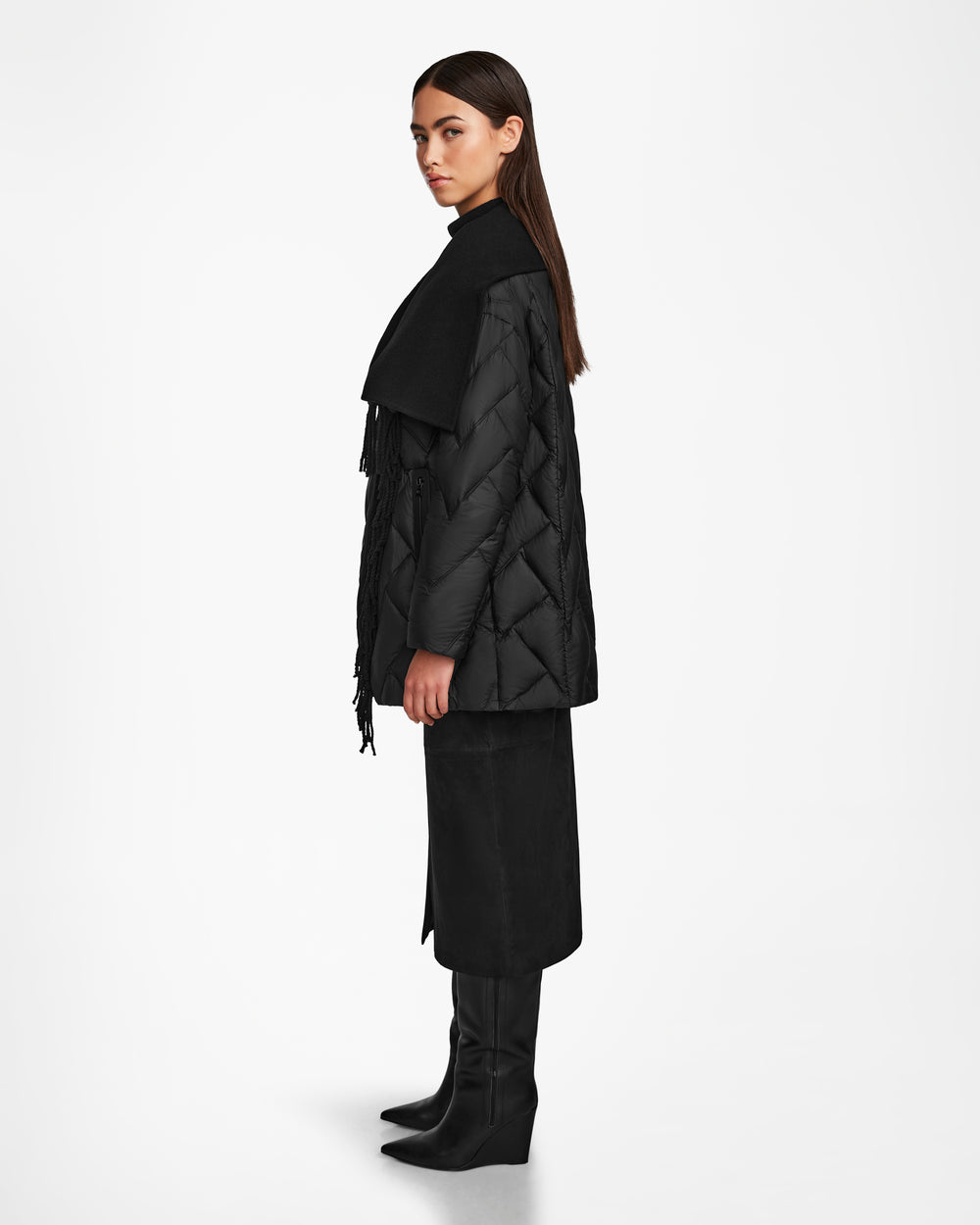 ANNE MARIE Black Women's Quilted Down & Wool Fringe Jacket – Rudsak
