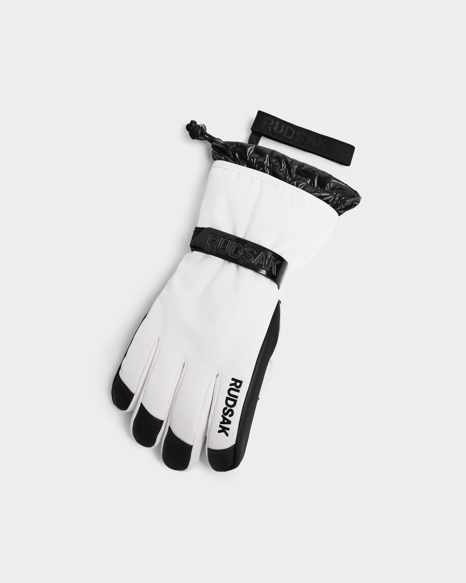 A pair of Rudsak APLEN - 6424505 Optic White insulated ski gloves with adjustable wrist straps and waterproof zippers, shown on a plain white background.
