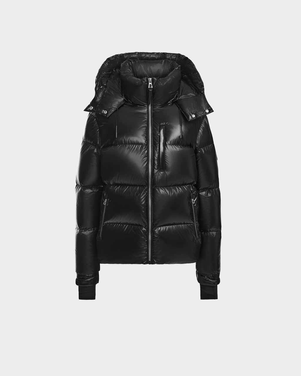 The Rudsak ASHLYN S - 8124565 Black womens down puffer jacket features a shiny black finish, high collar, hood, front zipper, chest pocket, and ribbed cuffs. It is displayed on a plain white background.