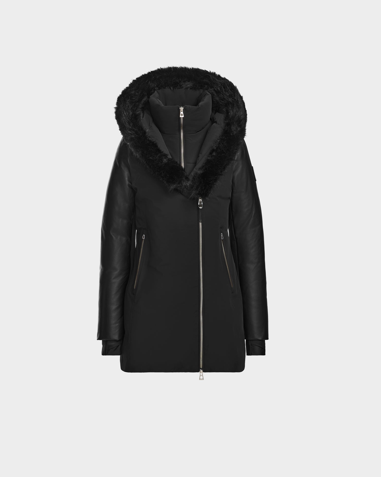 The Rudsak AURELLE - L124538 Black is a women’s down parka with vegan leather sleeves, a fur-lined hood, zip front, and two zippered pockets, shown on a plain light gray background for ultimate winter protection.