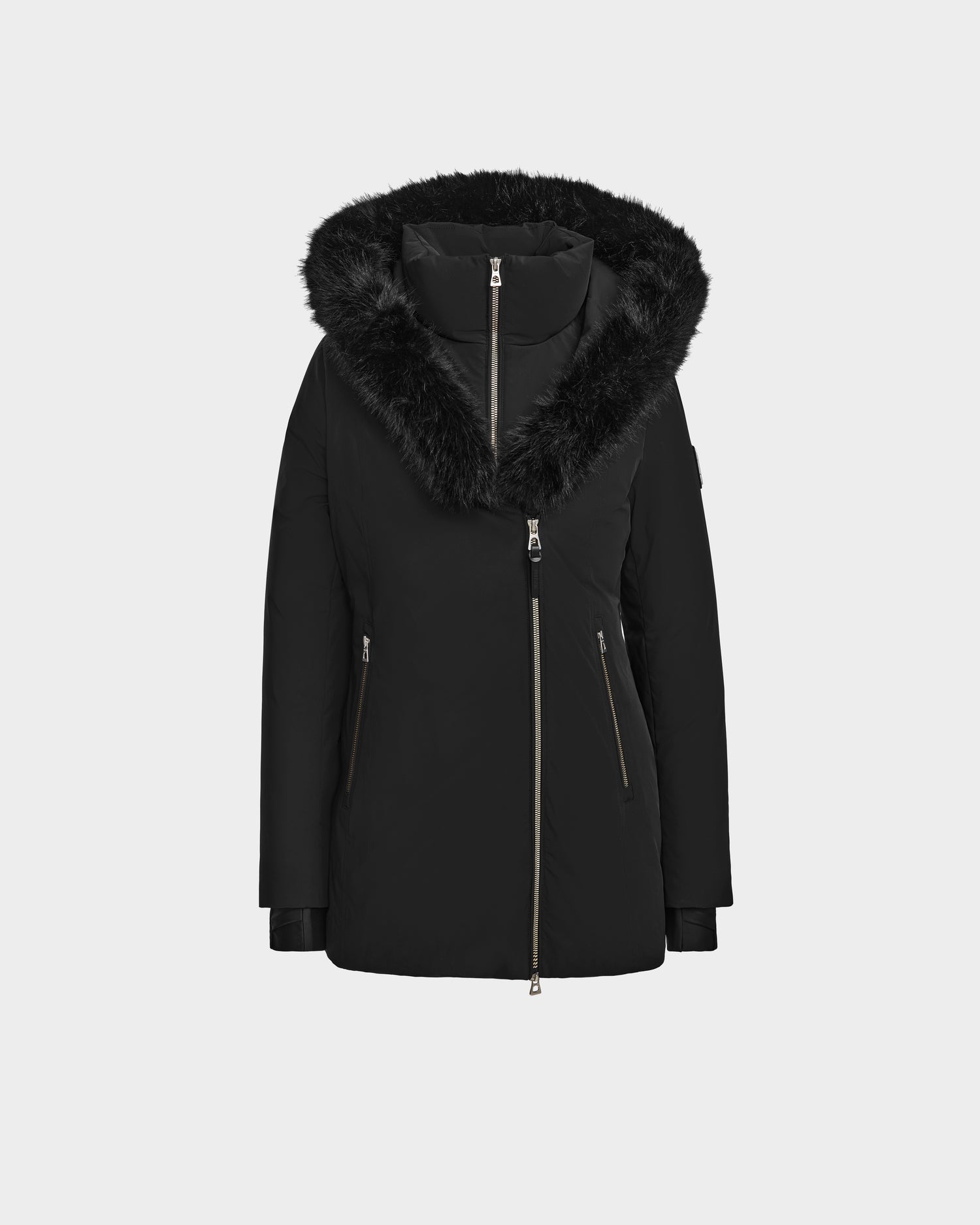 The Rudsak AURORE - L123561 Black/Black is a women's short fitted down parka in black, featuring a large faux fur-trimmed hood, high loft down fill, silver zippers, and two vertical front pockets, shown on a plain white background.