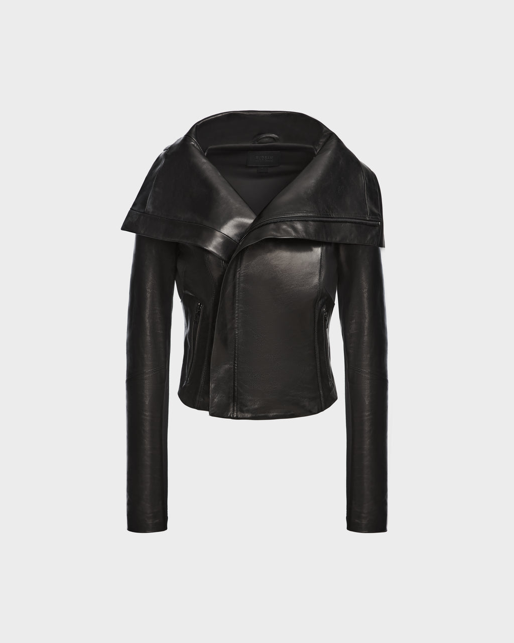 The AVRIL - 8124561 Black womens leather jacket by Rudsak features a wide asymmetrical lapel and fitted sleeves, showcased on a plain white background.
