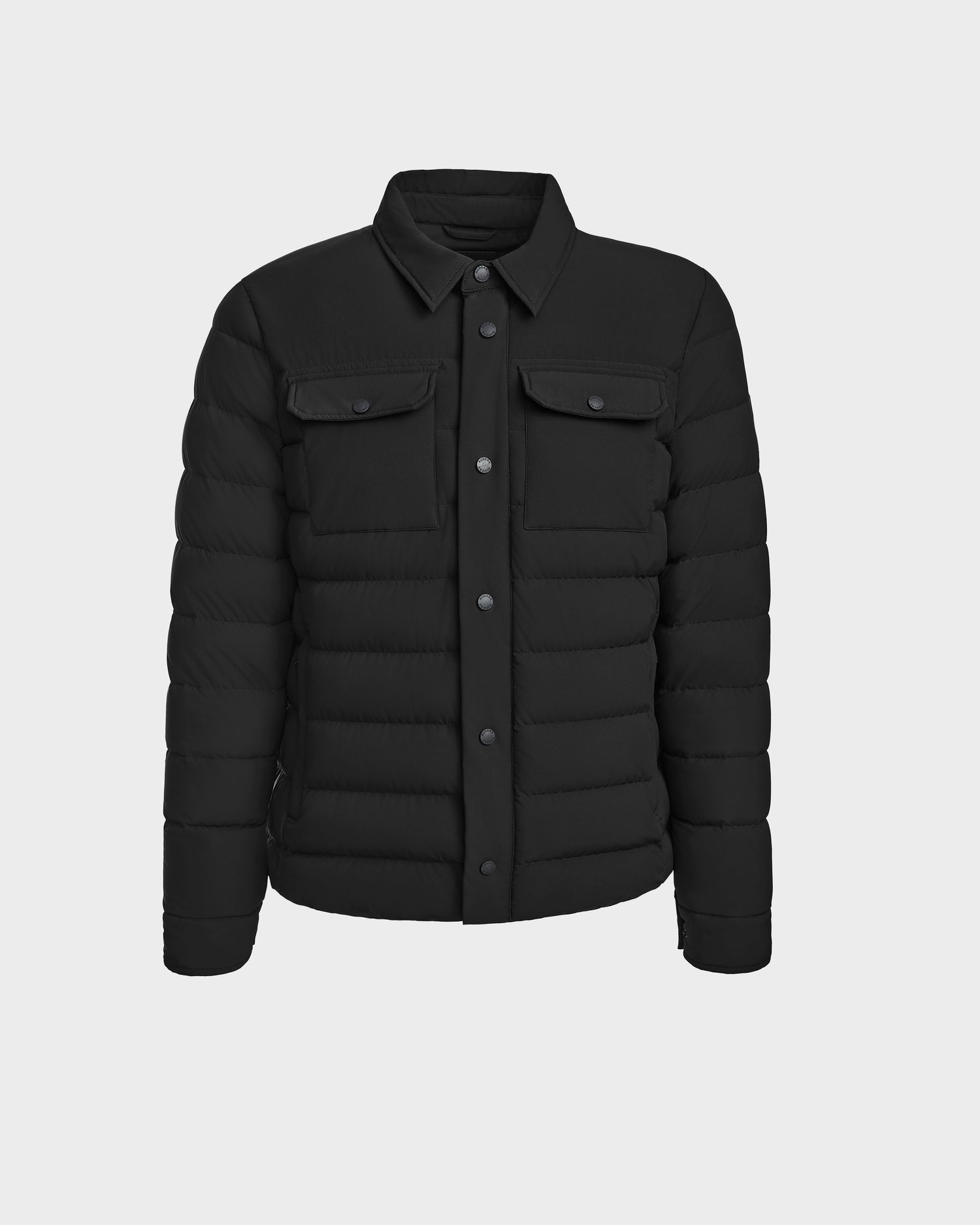 The Rudsak AZIEL - M124521 Black mens puffer shirt jacket features quilted, weather-resistant fabric, a collar, button front closure, and two chest flap pockets, displayed on a plain white background.