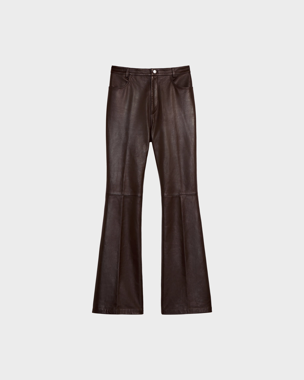 The Rudsak CARISSA - 8524545 Espresso womens leather pants feature a dark brown, high-waisted, flared design with button and zip closure plus front and back pockets—high-fashion style on a plain white background.