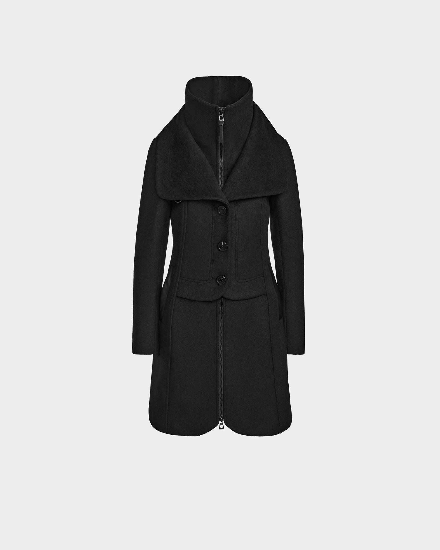 The Rudsak CAROLINE - L124543 Black is a knee-length, black long-sleeve coat made from premium wool blend with large lapels, a high collar, and front button closure, shown on a plain light gray background.
