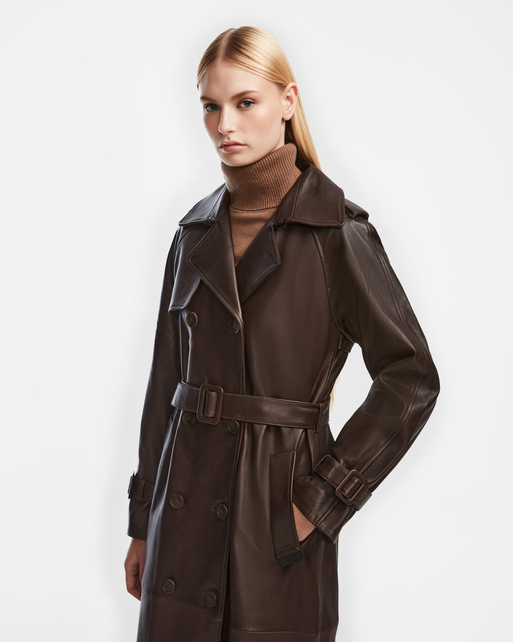 RUDSAK CASSIE L Women's Leather Trench Coat - Espresso | Tailored