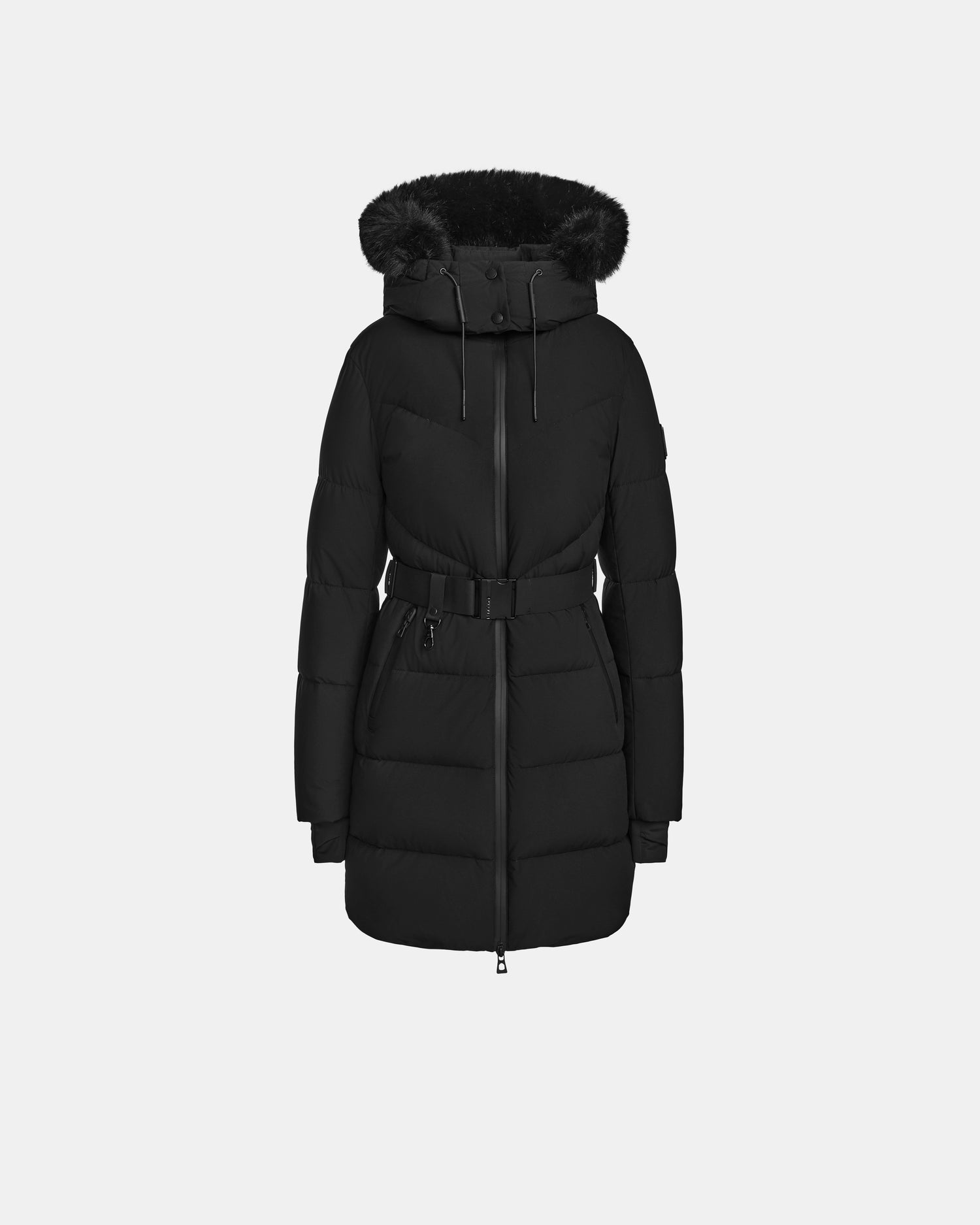 The Rudsak CHRISTEL M-M - L124505 Black is a knee-length women’s down puffer with a belted waist, front zipper, two zippered pockets, and a black faux fur-trimmed hood, shown against a plain light gray background.
