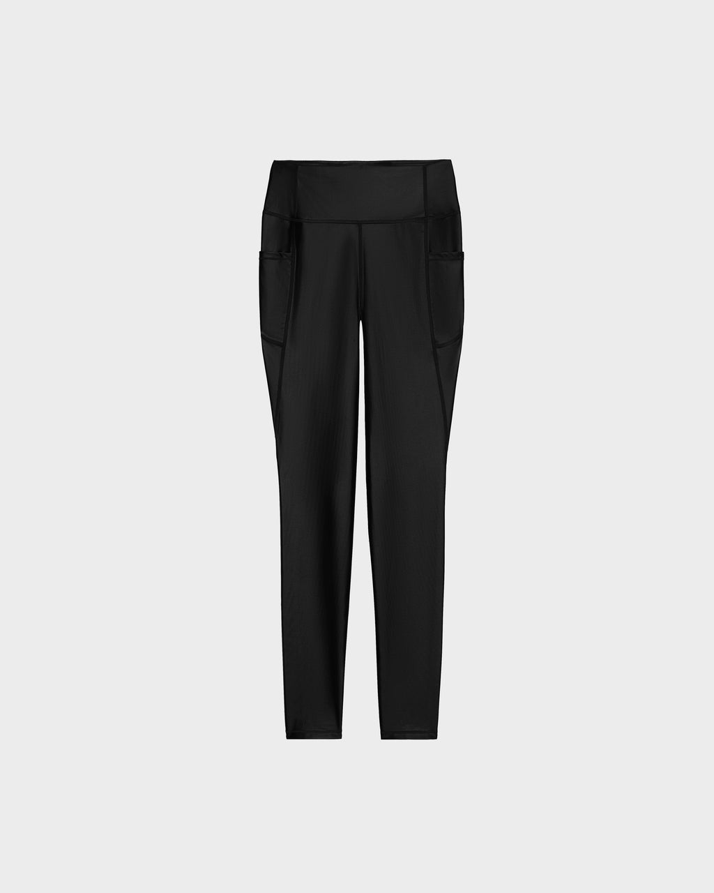 The Rudsak CLARE - 8524519 Black womens leggings feature a high waistband, side pockets, visible seams, and a sculpted fit in shiny stretch fabric. Displayed on a plain light gray background.