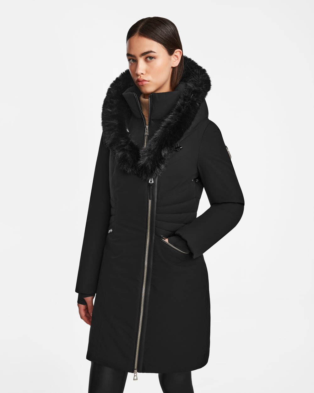 Fur Hood Womens Black Fitted Coat RUDSAK CORA Women's Black Down