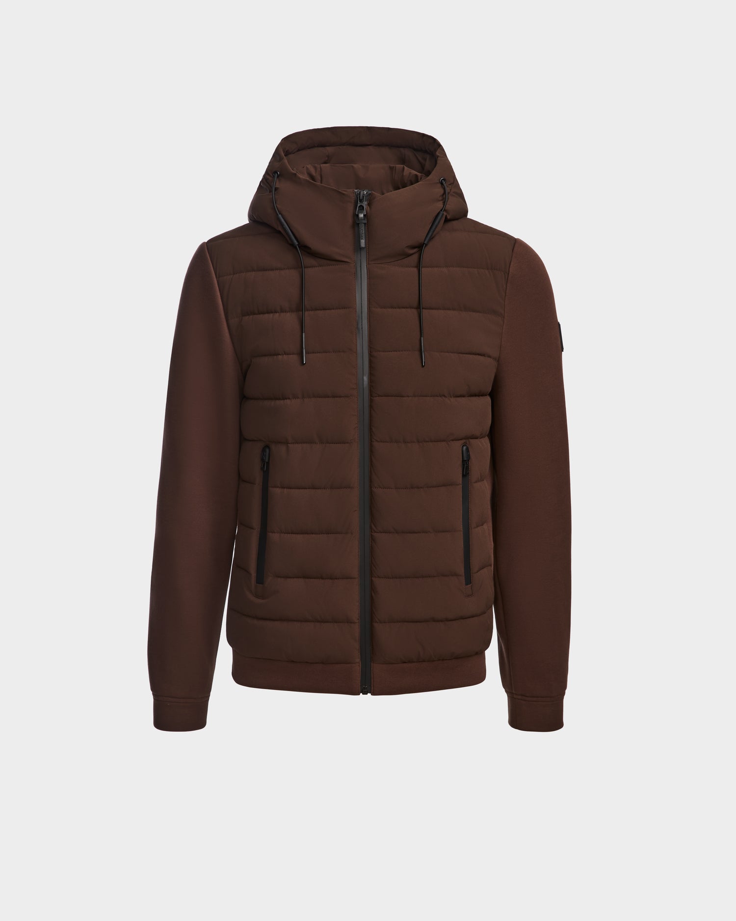 The Rudsak ELIAS - M124002 Espresso mens quilted jacket in brown features ecofill insulation, a hood, zip-up closure, two zippered side pockets, and smooth sleeves, shown against a plain white background.
