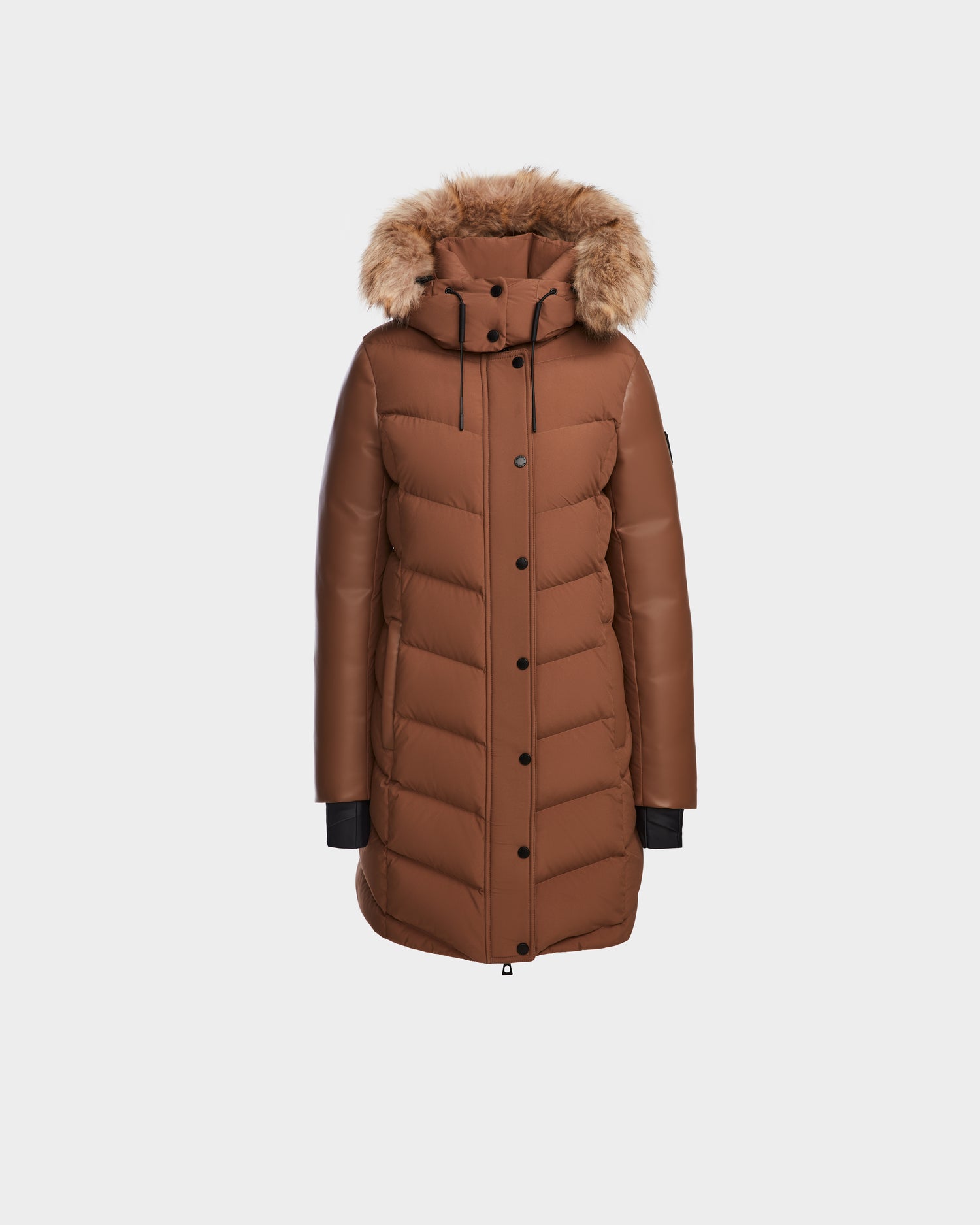The Rudsak ELSA - L123535 Taupe women’s quilted down puffer features a knee-length brown design, fur-lined hood, button and zip closure, black inner cuffs, and RDS-certified down, shown on a plain white background.
