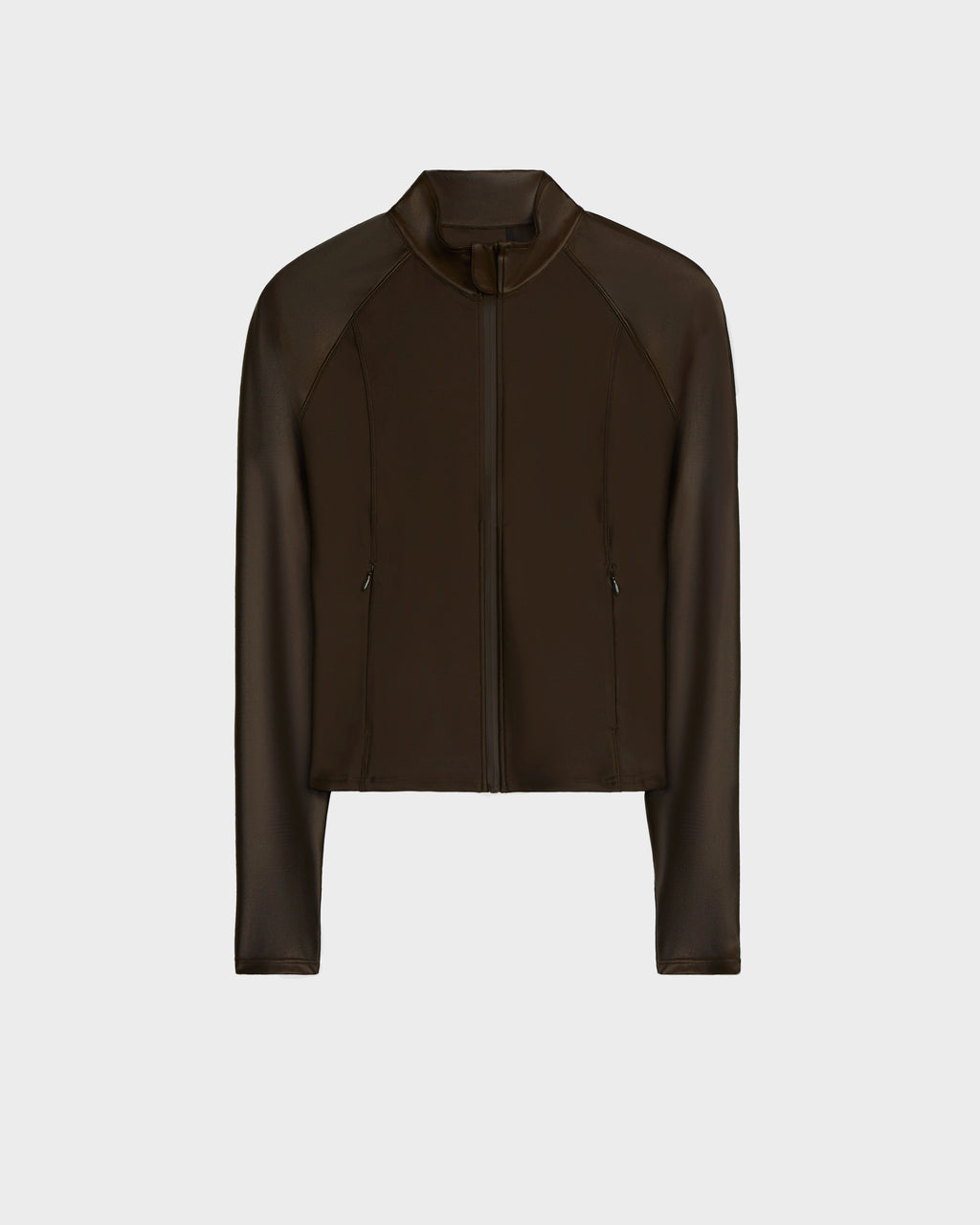 The Rudsak EVA - 8524514 Espresso is a dark brown women’s zip-up top with long sleeves, a high collar, fitted cut, and waterproof zipper pockets, shown on a plain white background.