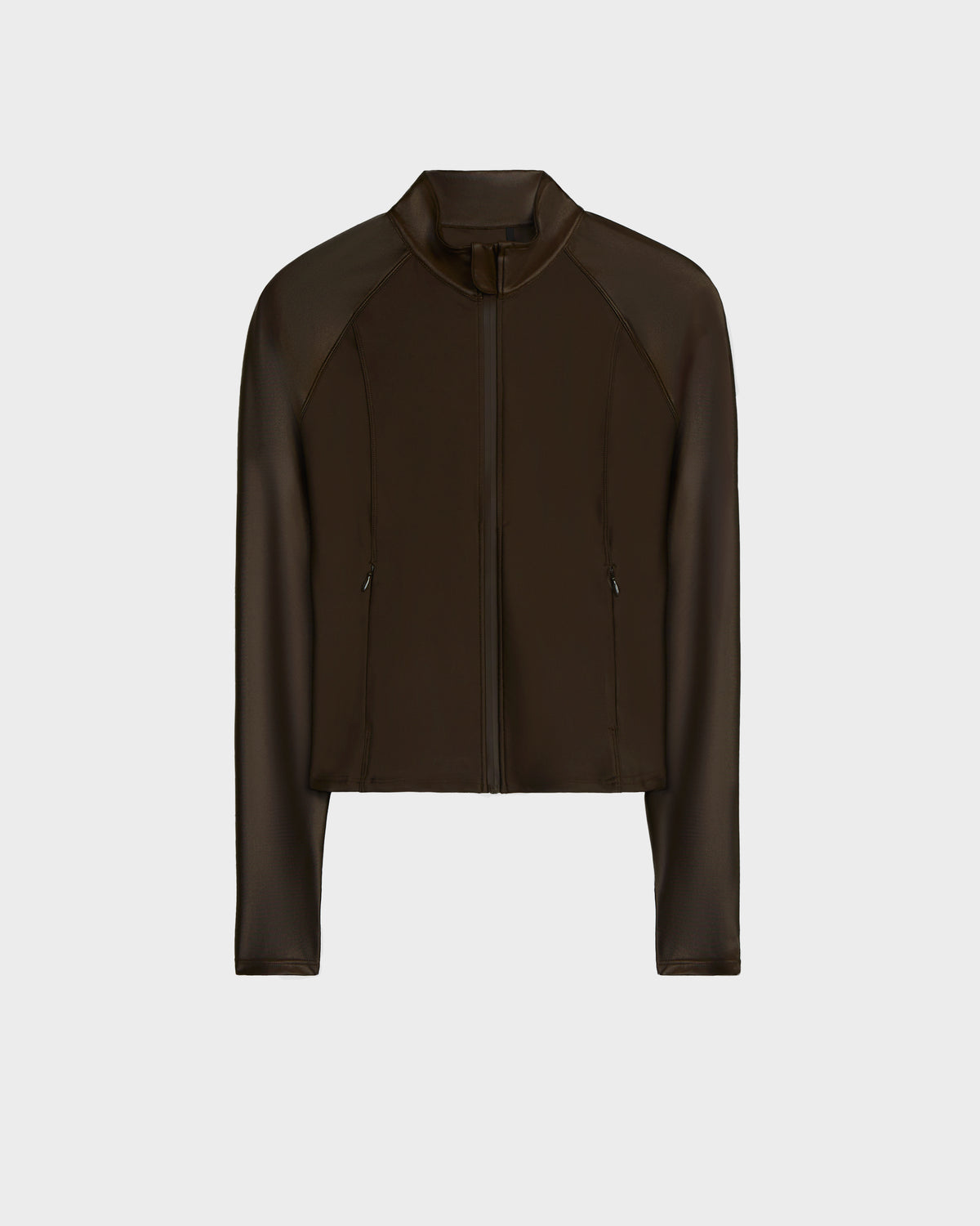 The Rudsak EVA - 8524514 Espresso is a dark brown women’s zip-up top with long sleeves, a high collar, fitted cut, and waterproof zipper pockets, shown on a plain white background.
