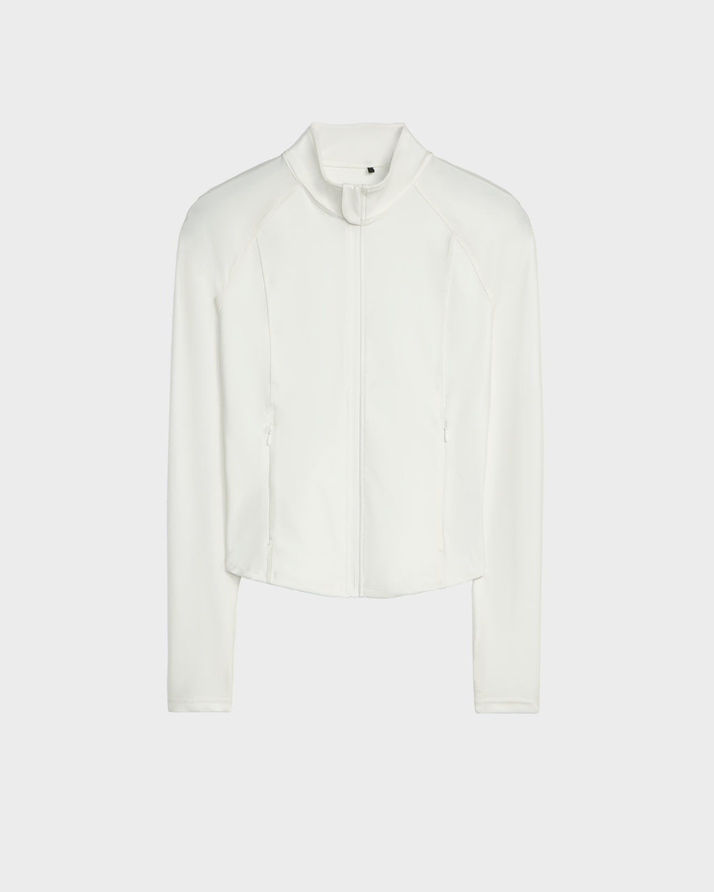 The Rudsak EVA - 8524514 Iceland women’s zip-up top in white features a high collar, side pockets, waterproof zipper, and sleek shiny stretch fabric for modern comfort and style.