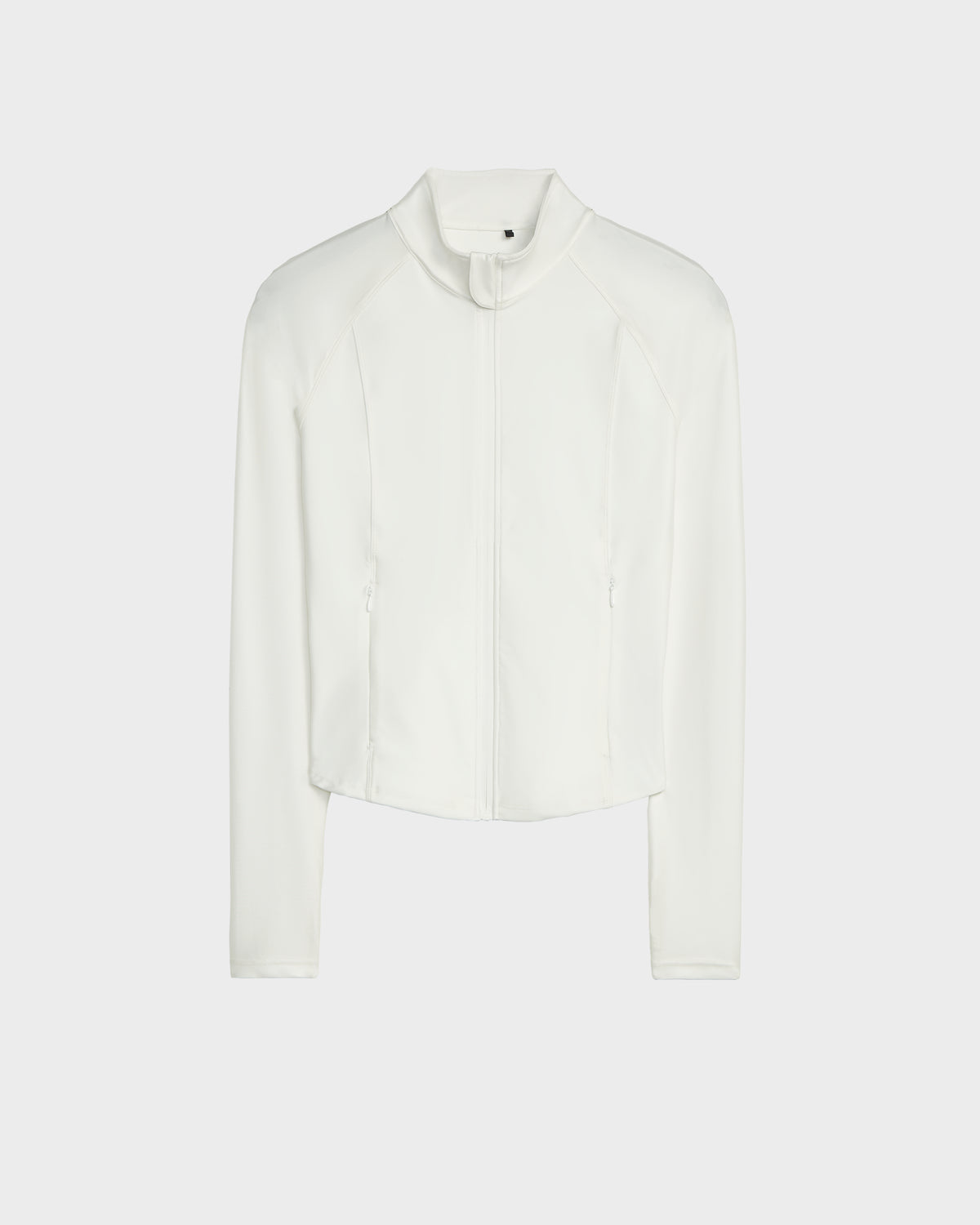 The Rudsak EVA - 8524514 Iceland women’s zip-up top in white features a high collar, side pockets, waterproof zipper, and sleek shiny stretch fabric for modern comfort and style.
