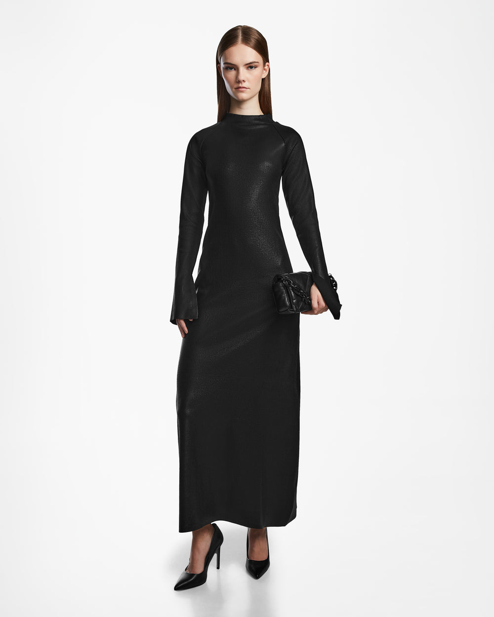 RUDSAK FAIZA Black Coated Maxi Dress | Mock-Neck, Glossy Style Rudsak RUDSAK FAIZA Black Coated Maxi Dress | Mock-Neck, Glossy Style Rudsak