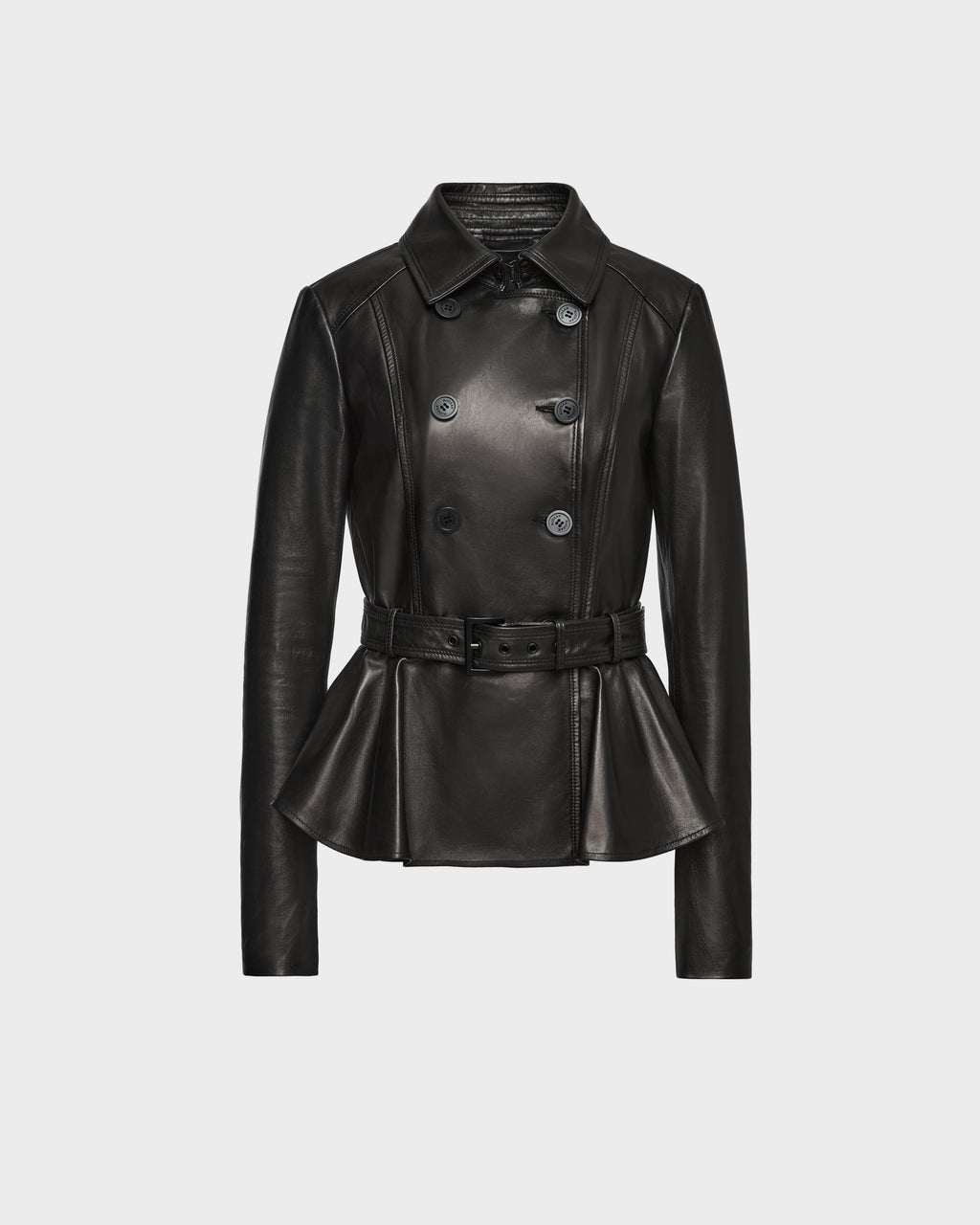 The Rudsak GABRIELLE - 8124577 Black is a luxury womens leather jacket with a double-breasted front, belted waist, long sleeves, and peplum-style hem, shown here against a plain white background.