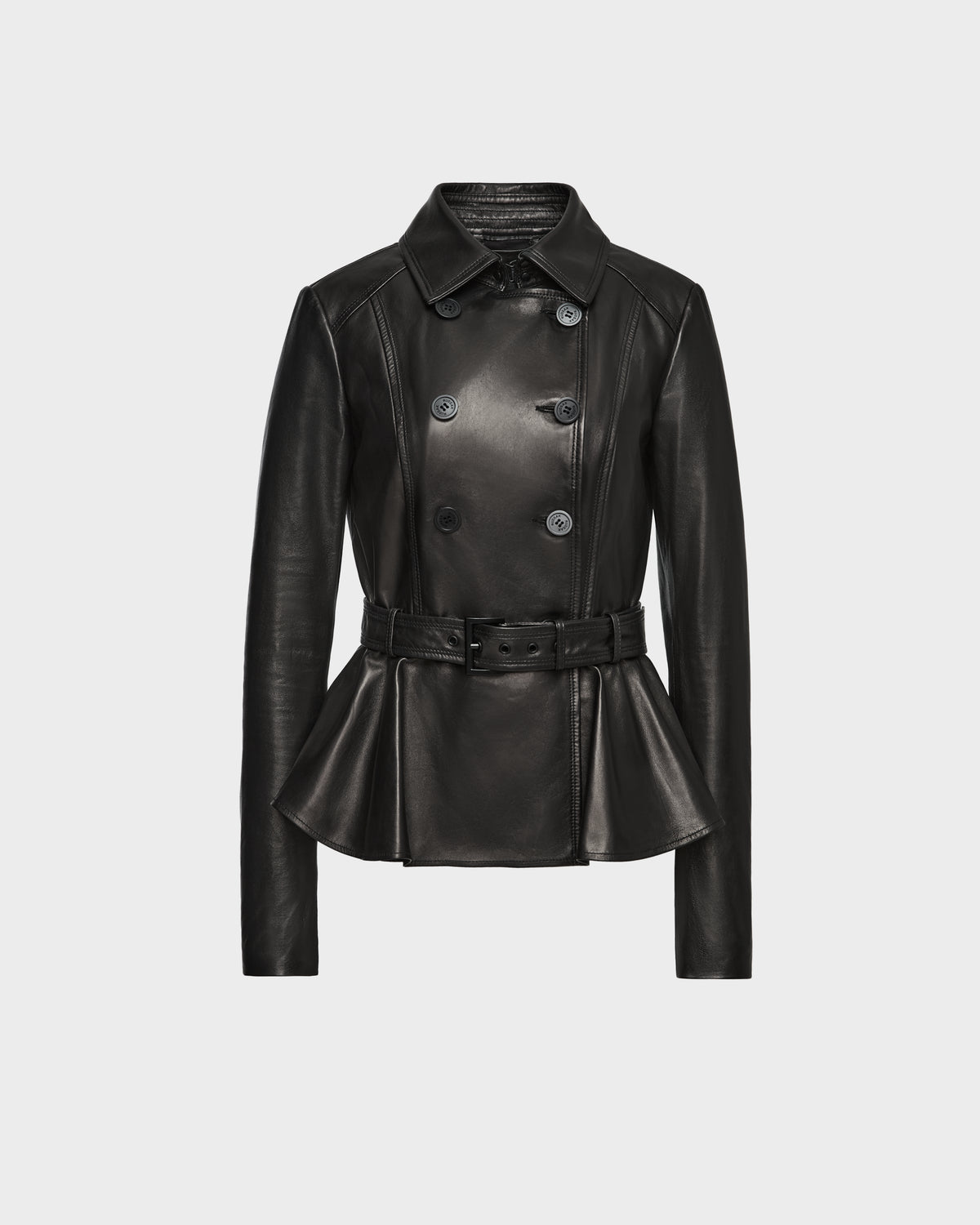 The Rudsak GABRIELLE - 8124577 Black is a luxury womens leather jacket with a double-breasted front, belted waist, long sleeves, and peplum-style hem, shown here against a plain white background.