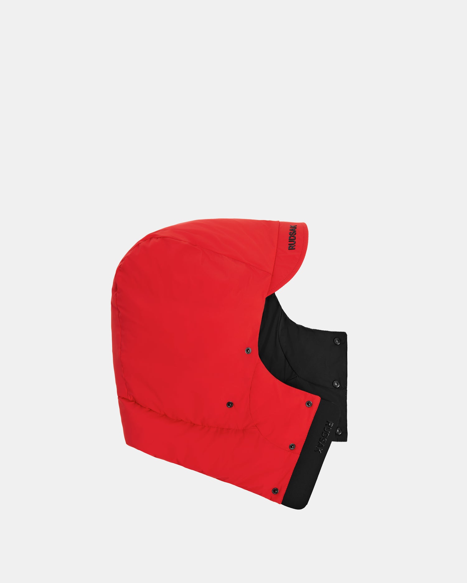 The Rudsak GREG - 9424519 Flame Red is a weather-resistant insulated hood with black lining and snap buttons, shown in profile on a plain white background.
