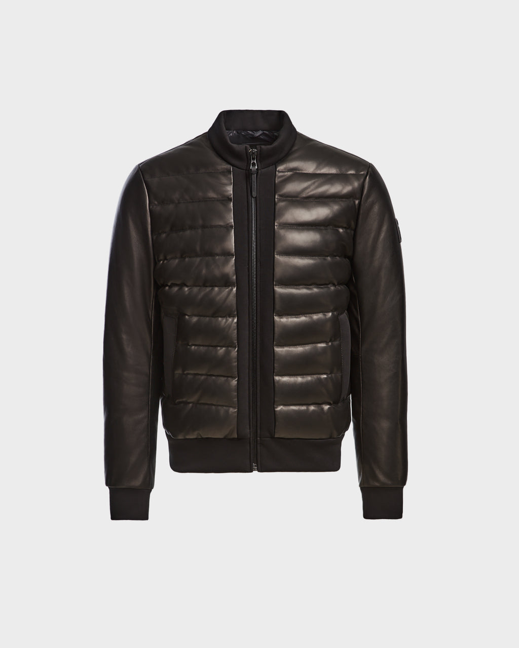 The JIMMY X - 6124540 Black by Rudsak is a luxury mens zip-up bomber jacket with a quilted, padded front and smooth leather sleeves, offering refined style and comfort.