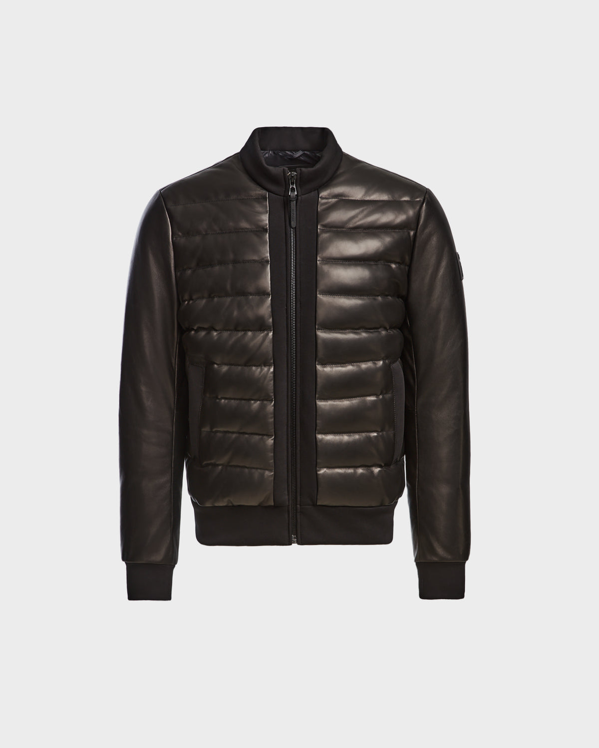 The JIMMY X - 6124540 Black by Rudsak is a luxury mens zip-up bomber jacket with a quilted, padded front and smooth leather sleeves, offering refined style and comfort.