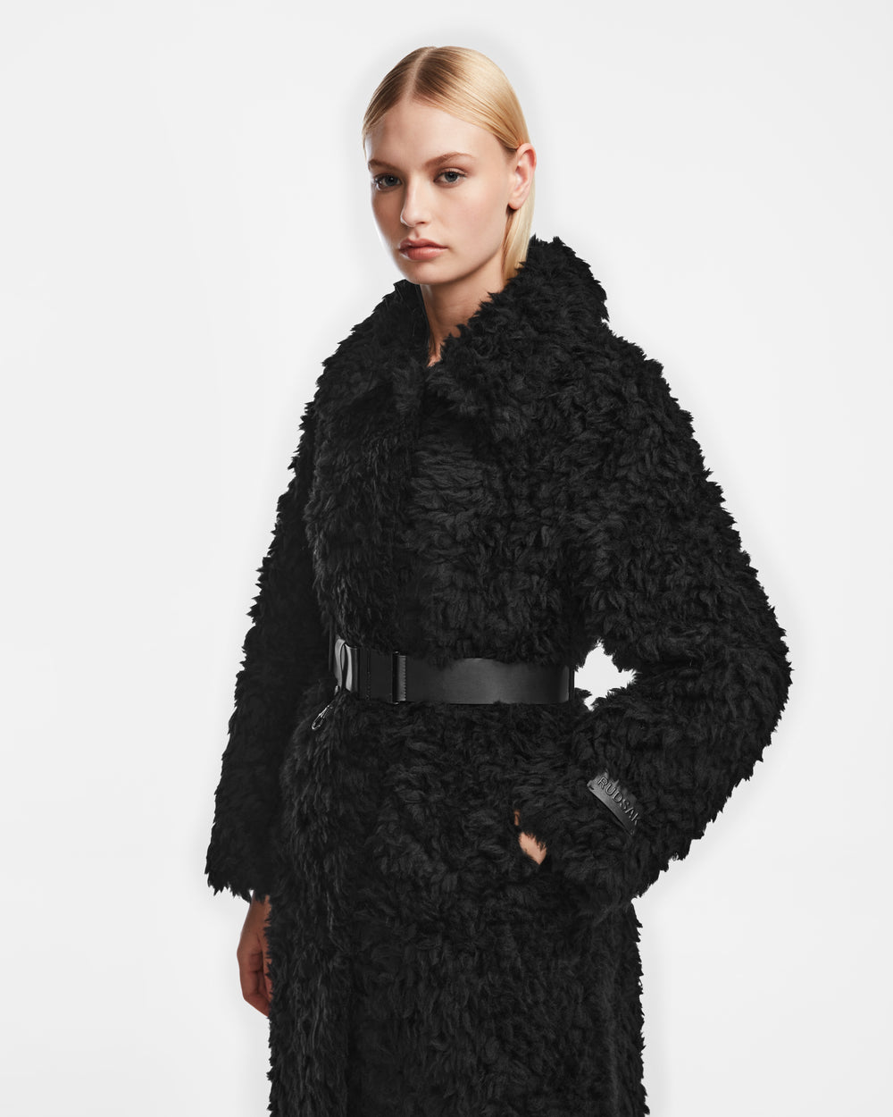KAMILAH Black Faux Fur Wool Teddy Trench - Women's Luxury Coat