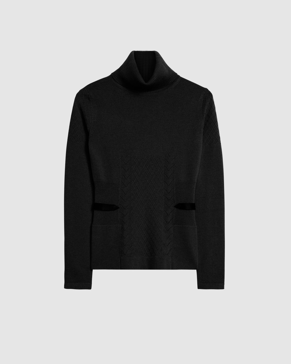 The LAURA - 8524596 Black womens knit turtleneck sweater by Rudsak features subtle textured front patterns in a soft wool-cashmere blend, shown against a plain light gray background.