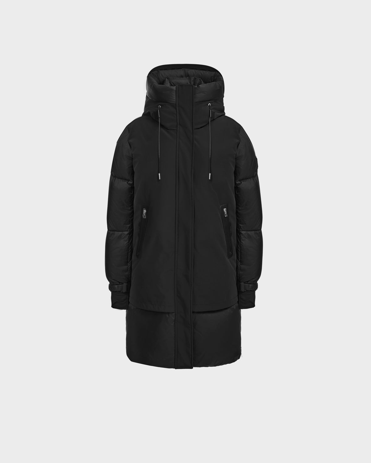 The Rudsak LAYAN - 8124576 Black/Black womens down parka features a high collar, hood, zip front, and two zippered side pockets, shown against a white background.