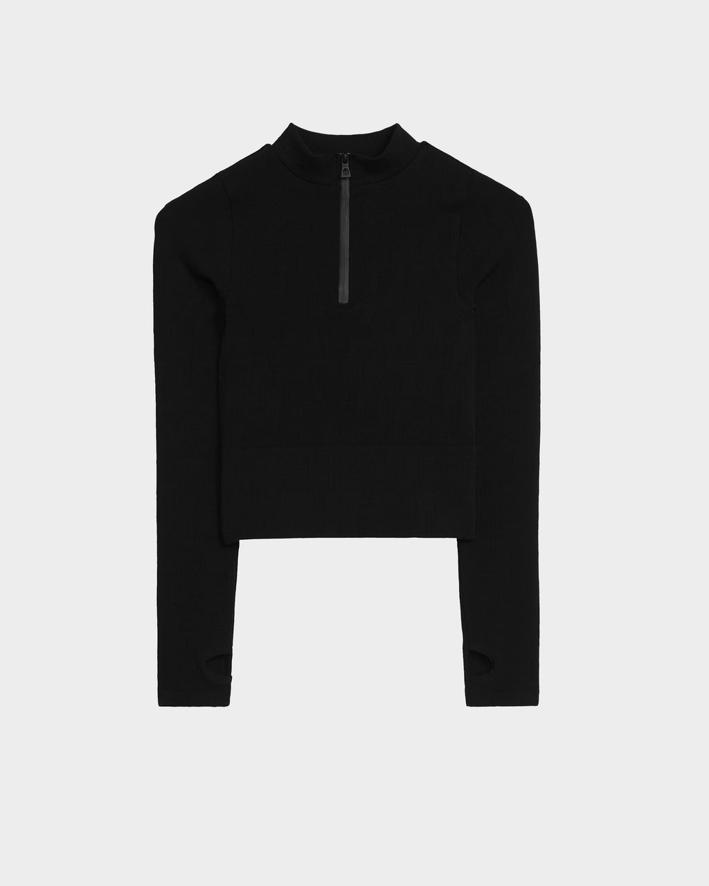 The Rudsak MARIAN - 8524513 Monogram Print Black women’s stretch top features long sleeves, a high collar, half-zip front, and thumb holes—ideal for winter. Shown against a plain light gray background.