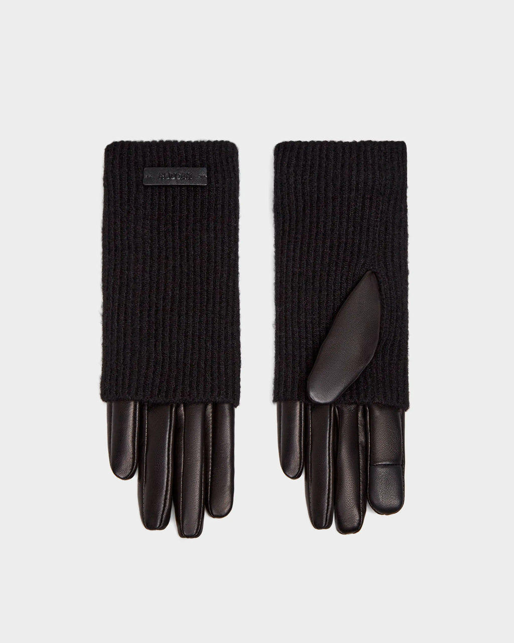 The Rudsak MARINE - 8424516 Black/Black women's gloves feature smooth leather on the fingers and palm with ribbed knit cuffs, shown side by side against a plain light background.