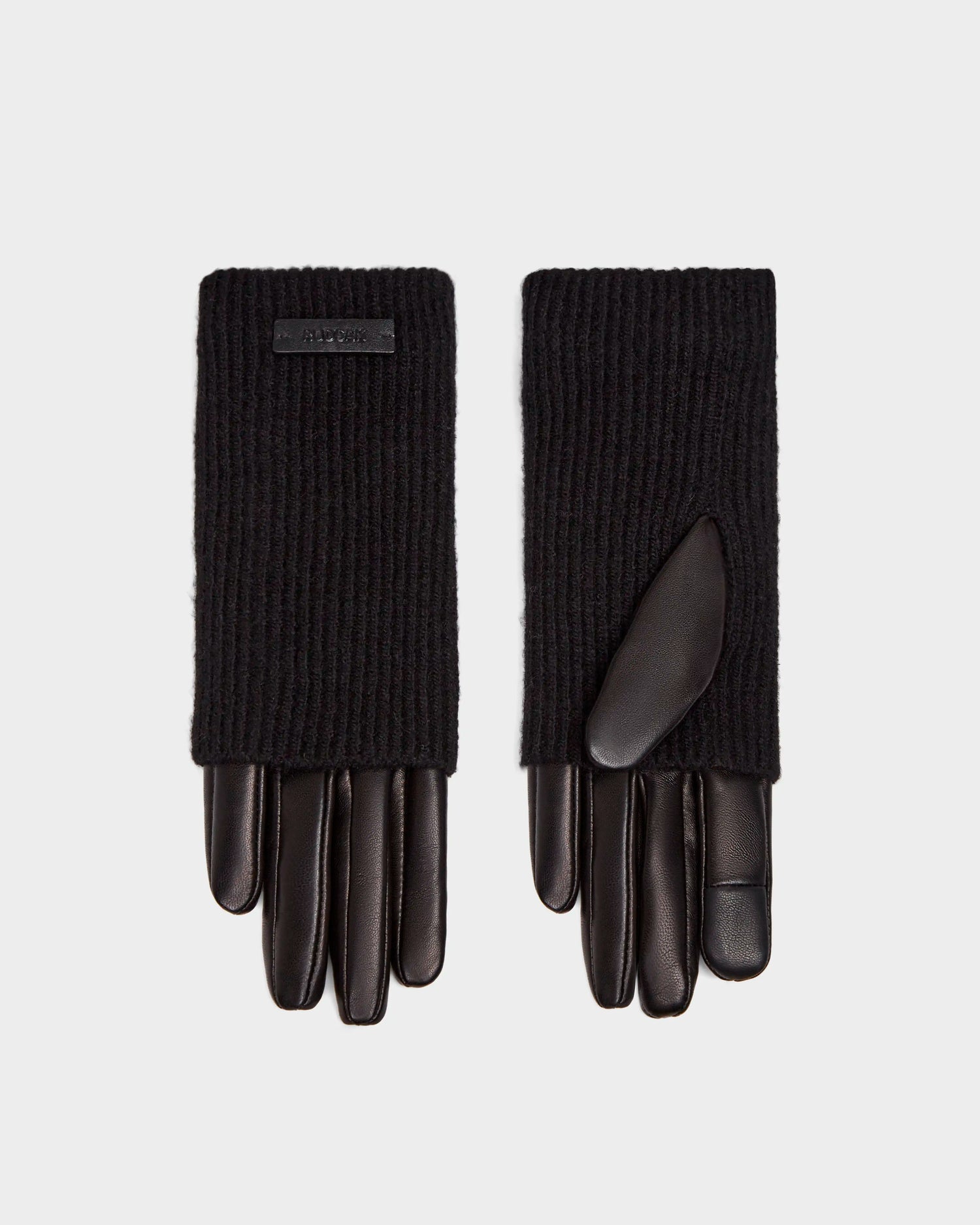 Rudsaks MARINE - 8424516 Black womens leather gloves feature ribbed knit cuffs and smooth leather palms and fingers, making them chic fall accessories, shown on a plain light background.