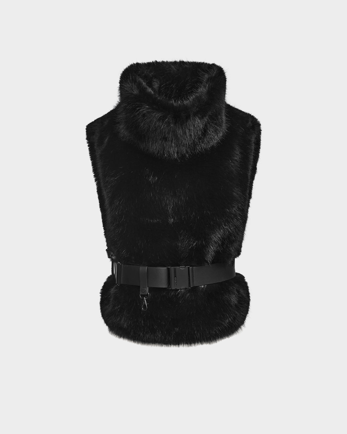 The Rudsak MAULIN - 8524611 Black is a chic sleeveless faux fur vest with a high collar and a wide black belt at the waist, shown on a plain white background.