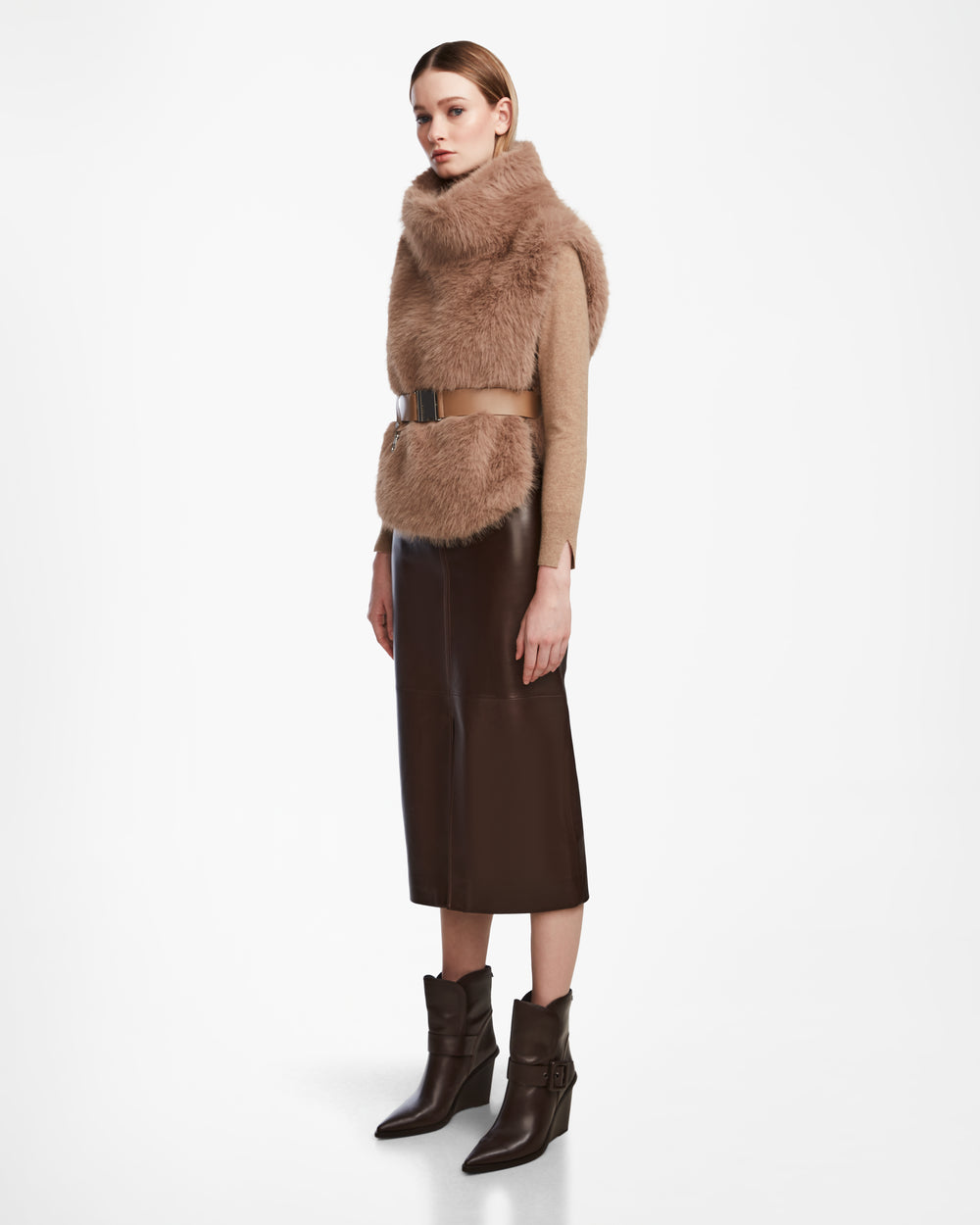MAULIN Camel Faux Fur Vest Luxe Mock-Neck Vegan Leather – Rudsak