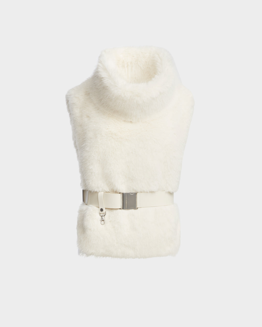 The Rudsak MAULIN - 8524611 Iceland is a sleeveless white faux fur vest with a turtleneck and wide matching belt featuring a silver buckle, shown against a plain light gray background.
