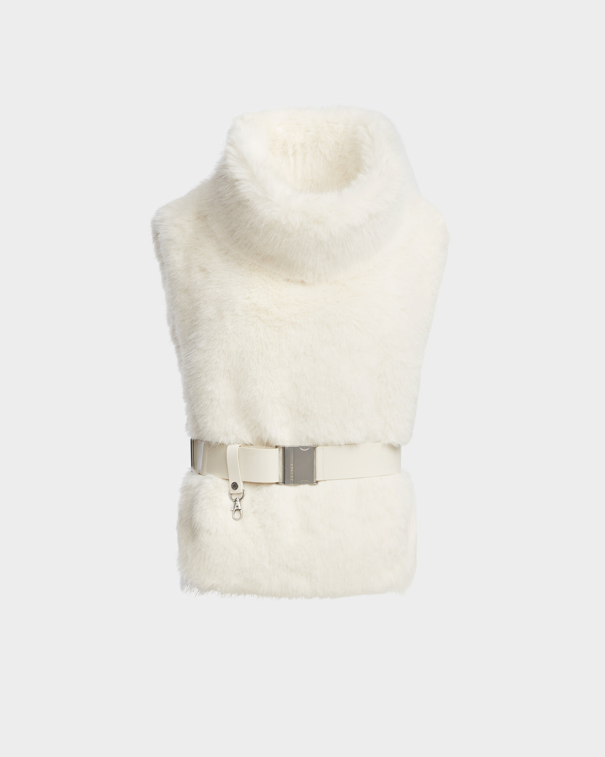 The Rudsak MAULIN - 8524611 Iceland is a sleeveless white faux fur vest with a turtleneck and wide matching belt featuring a silver buckle, shown against a plain light gray background.