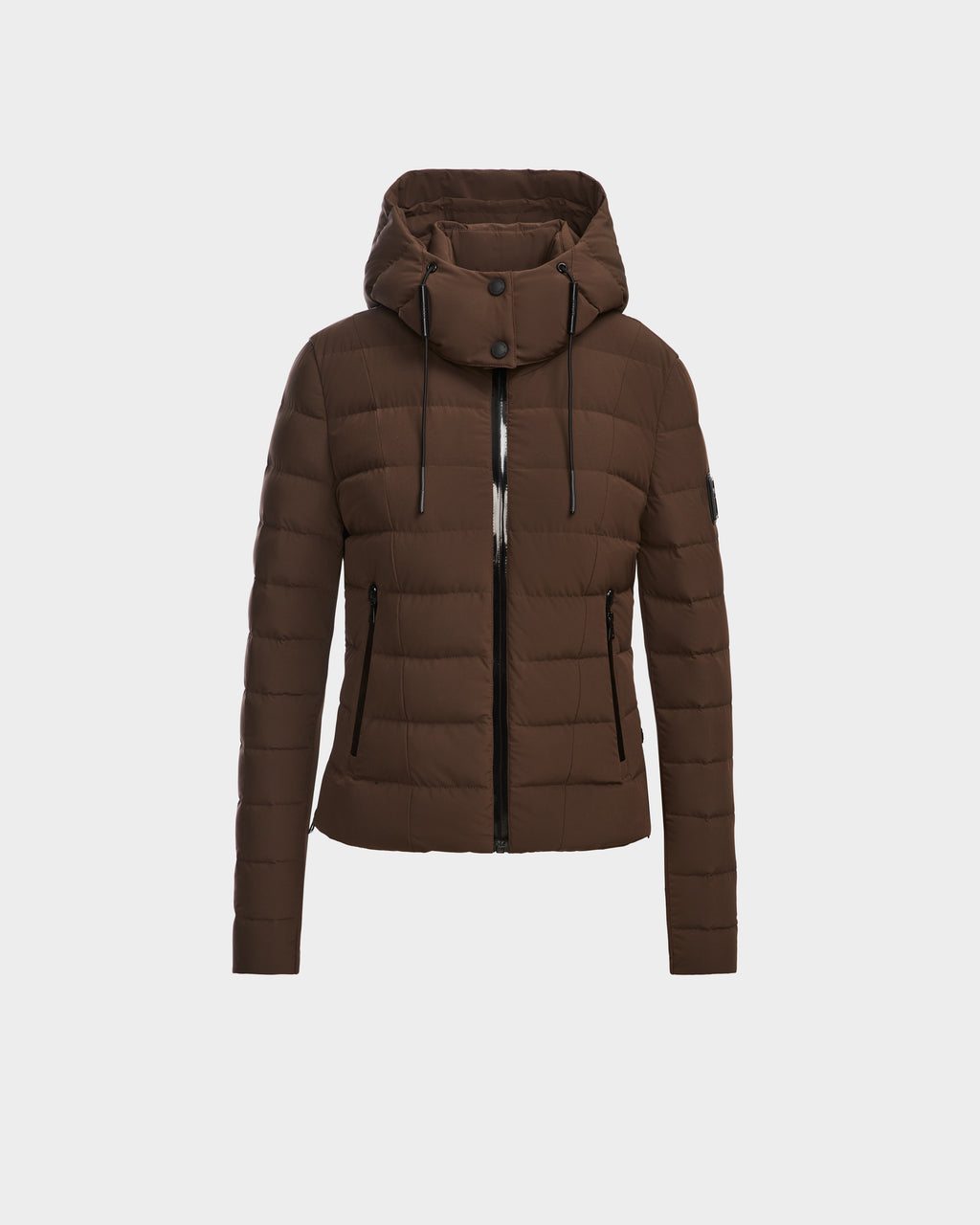 The Rudsak MELISSA - 8124824 Espresso is a brown weatherproof women’s down puffer with front zipper and button closures, horizontal quilting, long sleeves, high collar, RDS certified. Displayed on a plain white background.