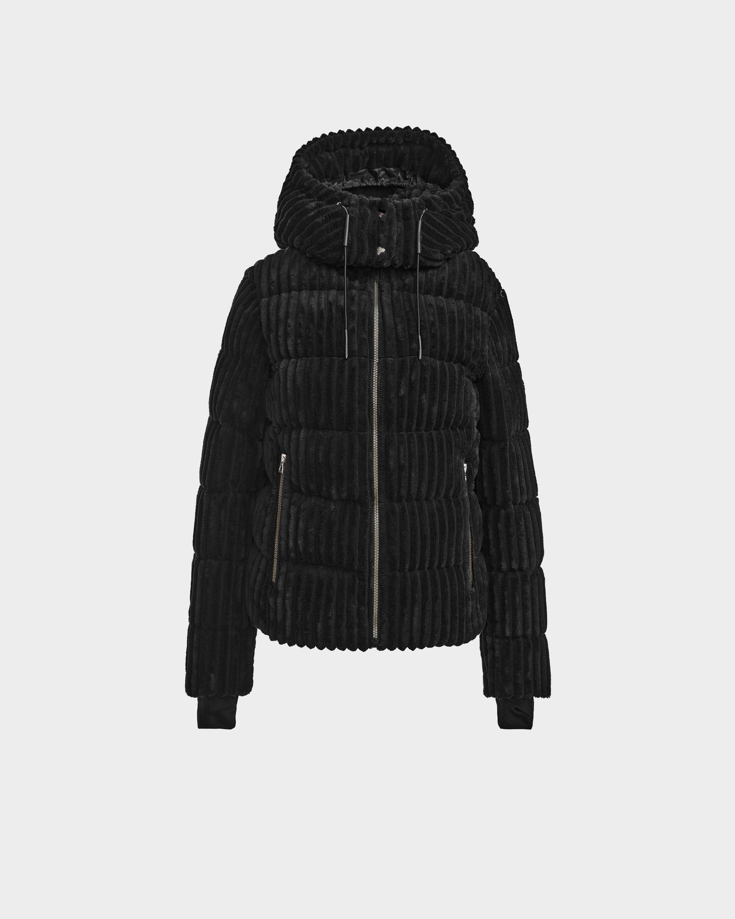 The MIRRY FF - L124507 Black is a quilted velvet corduroy puffer jacket with a hood, front zipper, and ribbed texture, shown against a plain white background.