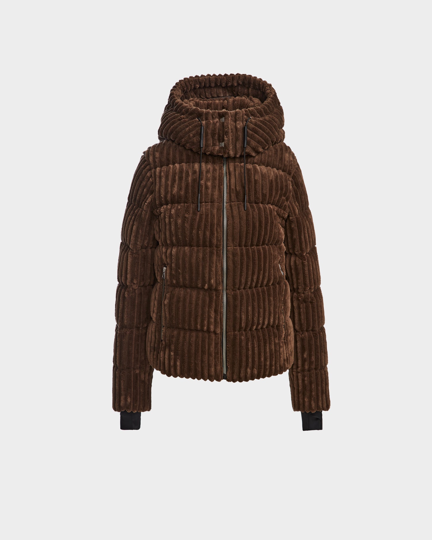 The Rudsak MIRRY FF - L124507 Espresso is a women’s short down puffer jacket in brown velvet corduroy with ribbed texture, front zipper, adjustable hood, and black ribbed cuffs, shown on a white background.