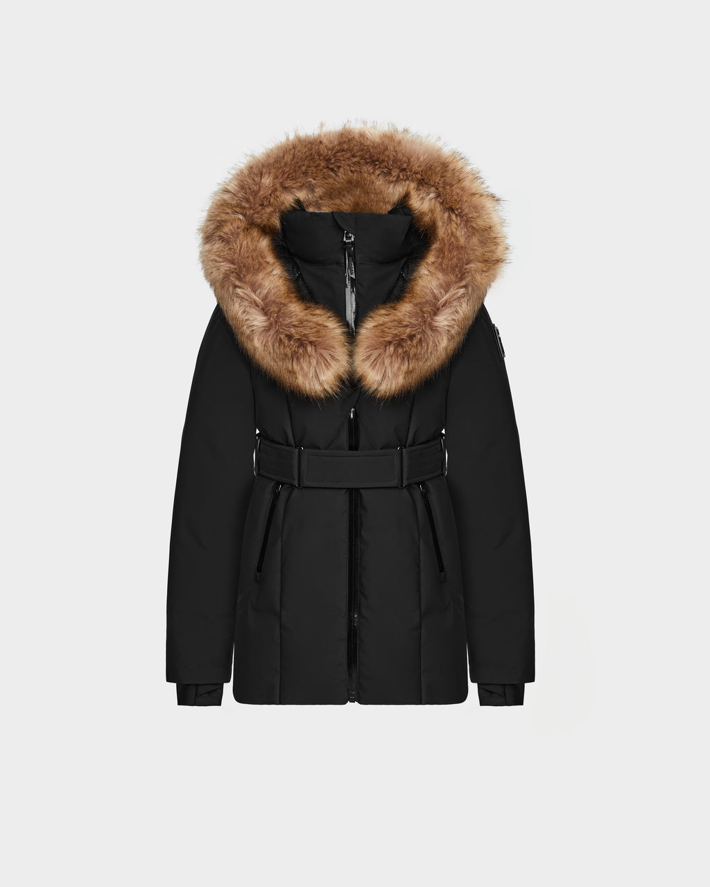 The Rudsak MODA K - 0124505 Black girls down parka has a large brown fur-lined hood, front zipper, belted waist, and long sleeves. Made from recycled materials, its shown on a plain light gray background.