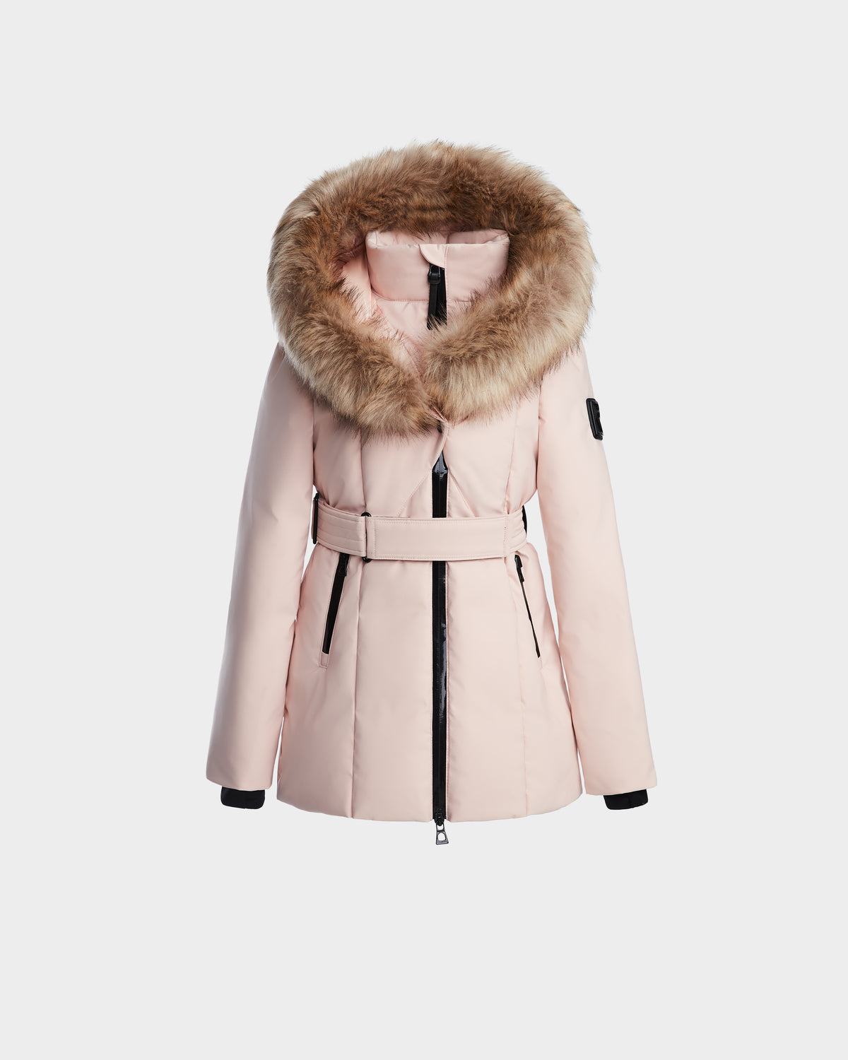 The Rudsak MODA K - 0124505 Pastel Pink is a girl's down parka in light pink, made from recycled nylon with a faux fur-trimmed hood, black zippers, a matching waist belt, and black cuffed sleeves, shown on a plain white background.